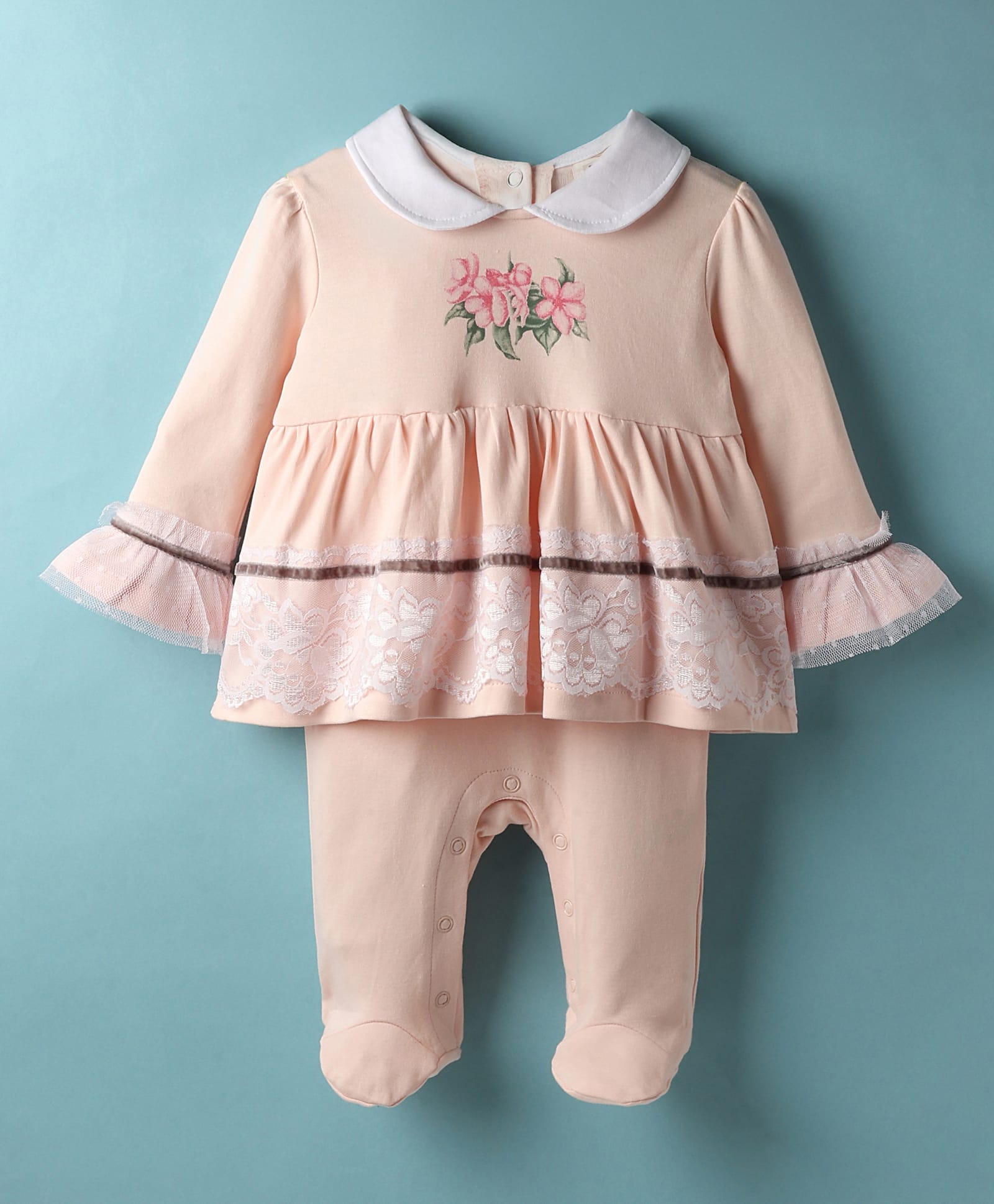 ToffyHouse Interlock Knit Full Sleeves Footed Frock Style Sleep Suit with Frill Detailing & Floral Print - Peach-picture-33