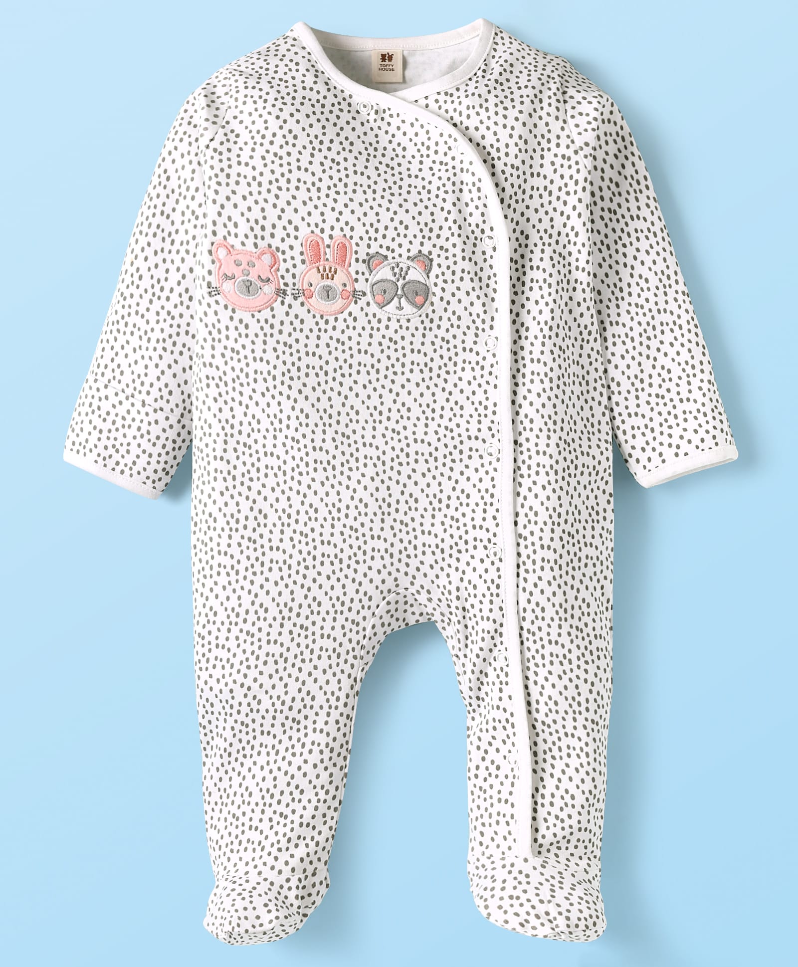 ToffyHouse Interlock Knit Full Sleeves Footed Sleepsuit with Animal Embroidery - White-picture-36
