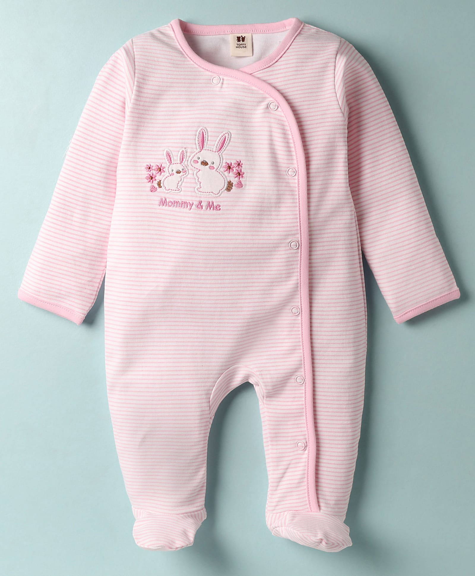 ToffyHouse Interlock Knit Full Sleeves Footed Sleep Suit with Bunny Embroidery - Light Pink-image-26