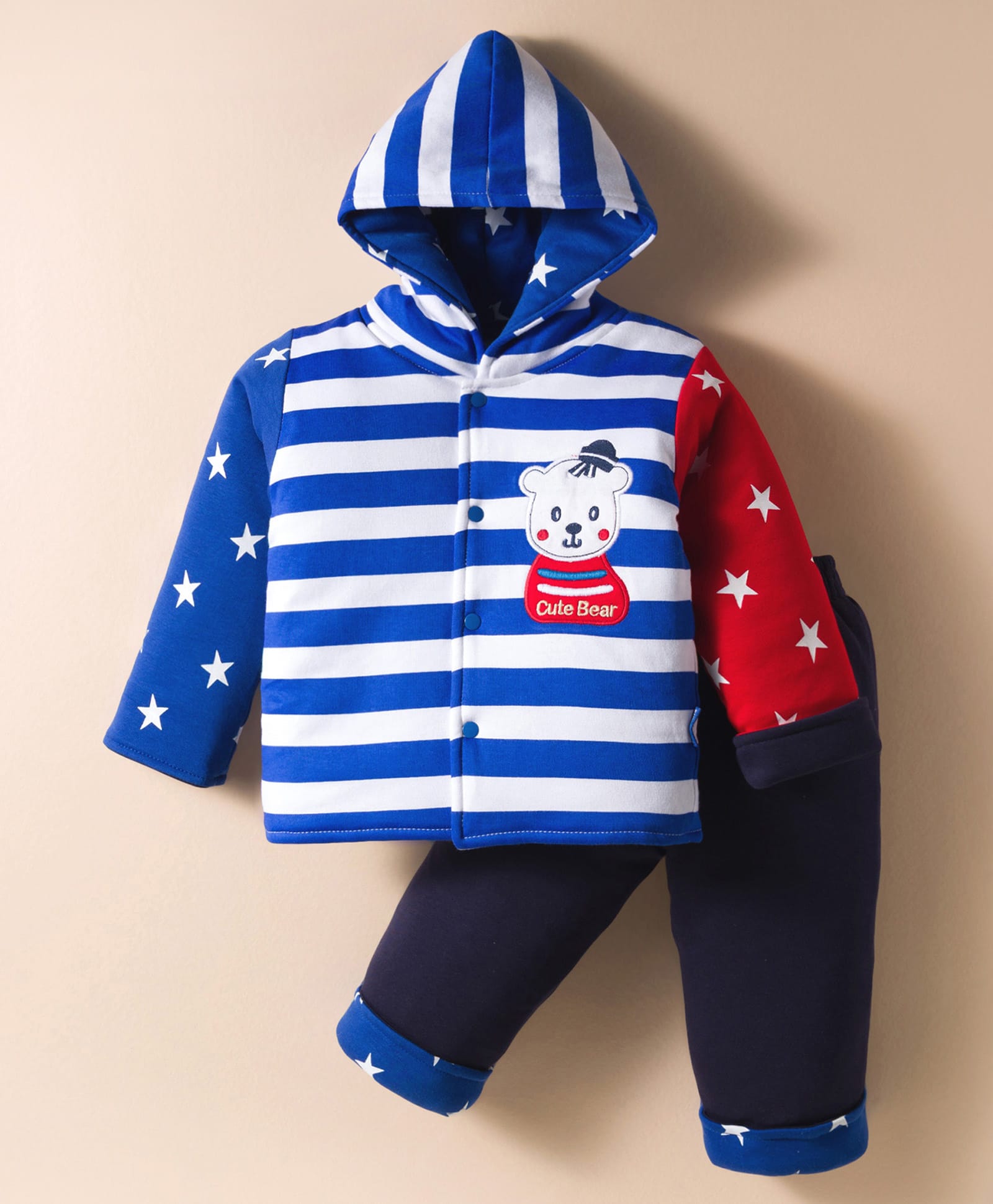 Child World Knit Full Sleeves Winter Wear Hooded T-Shirt & Lounge Pant With Stripes & Bear Embriodery - Blue-picture-11