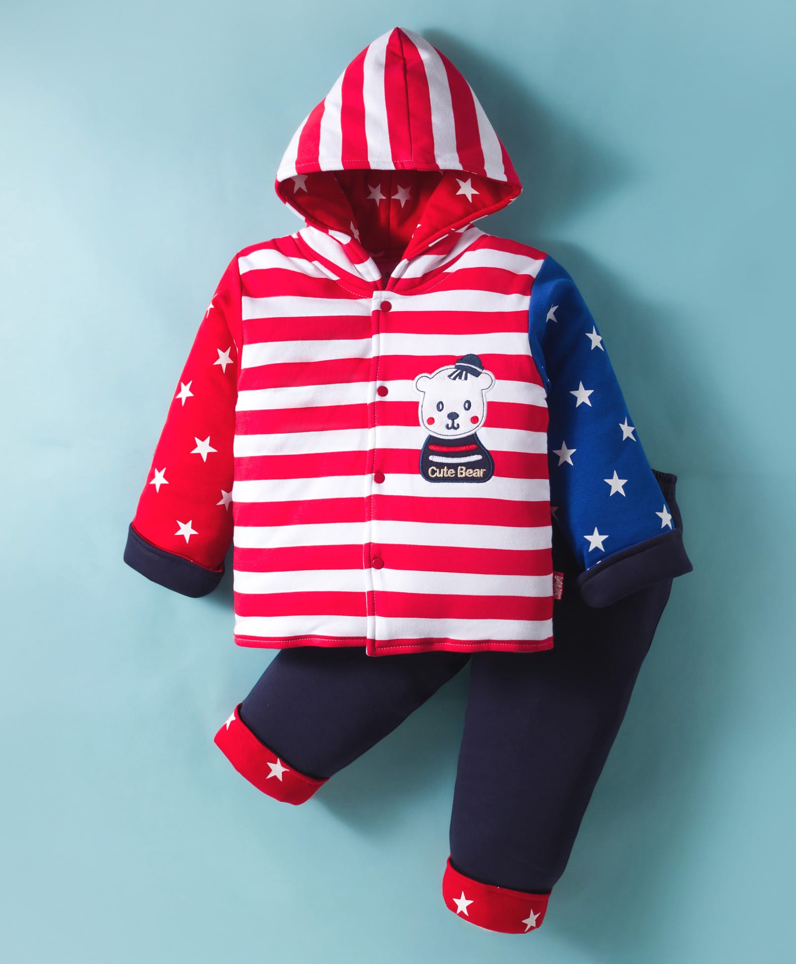 Child World Knit Full Sleeves Winter Wear Hooded T-Shirt & Lounge Pant Set With Stripes & Bear Embriodery - Blue-picture-9