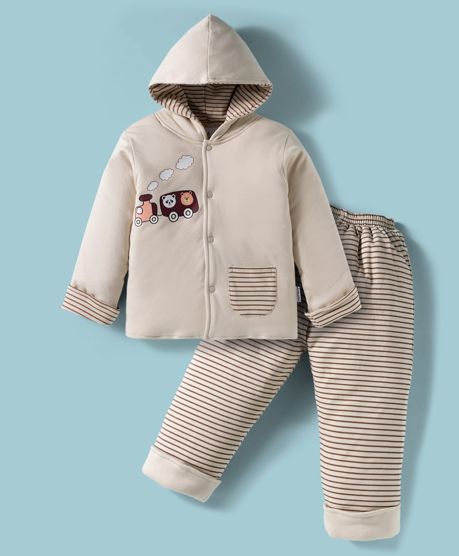 Child World Cotton Knit Full Sleeves Hooded Winter Wear Suit with Stripes & Vehicle Print - Light Grey-picture-38