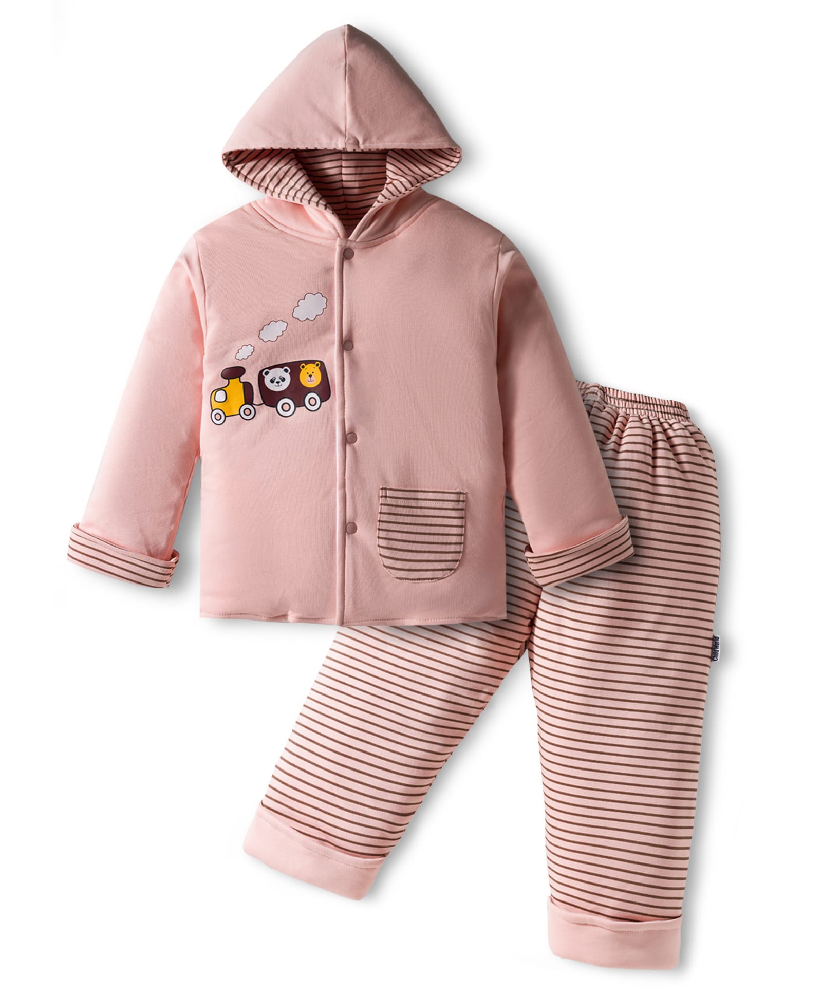 Child World Cotton Knit Full Sleeves Hooded Winter Wear Suit with Stripes & Vehicle Print - Pink-picture-47