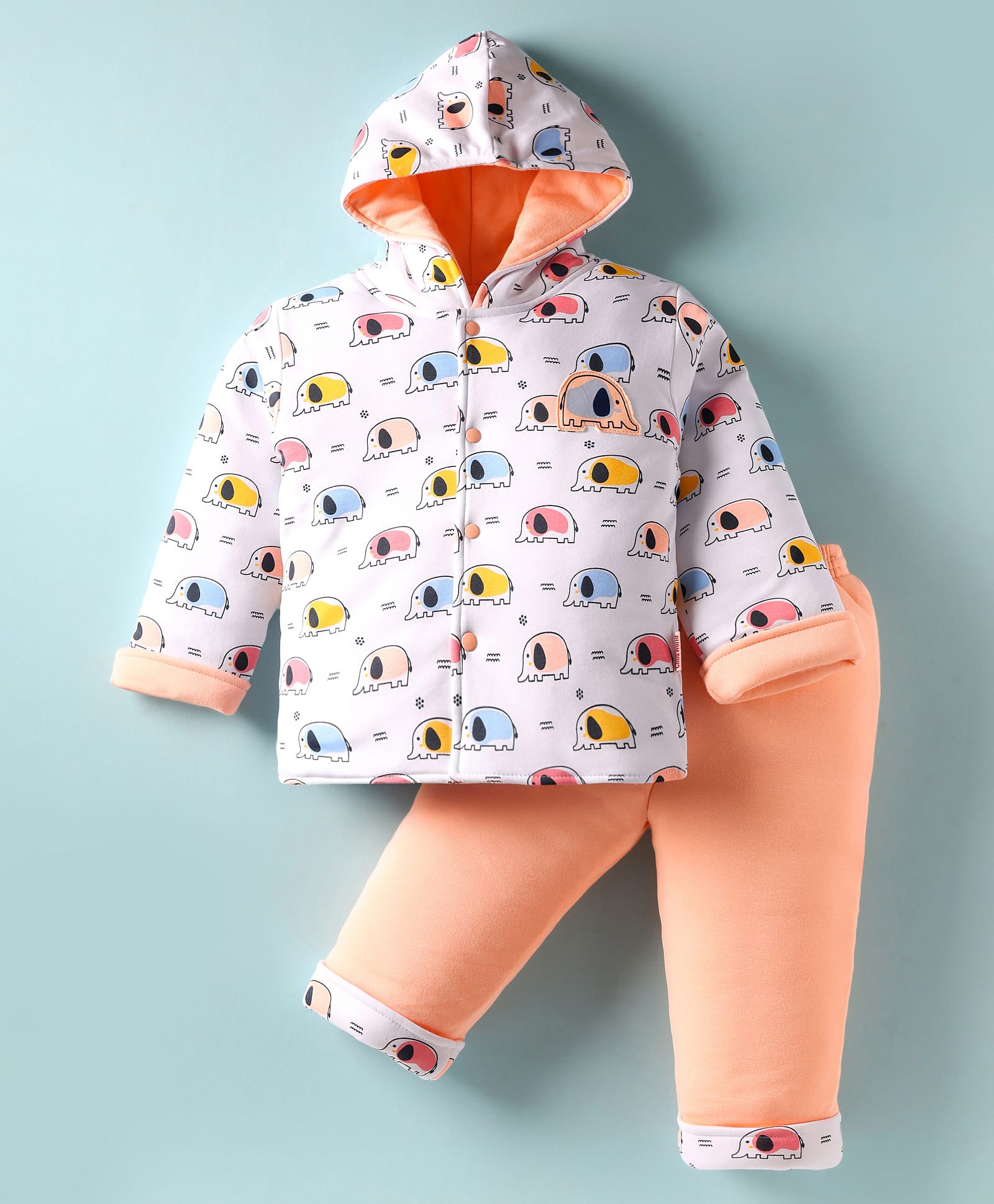 Child World Cotton Knit Full Sleeves Hooded Winter Wear Suits with Elephant Print - Peach & White-picture-8