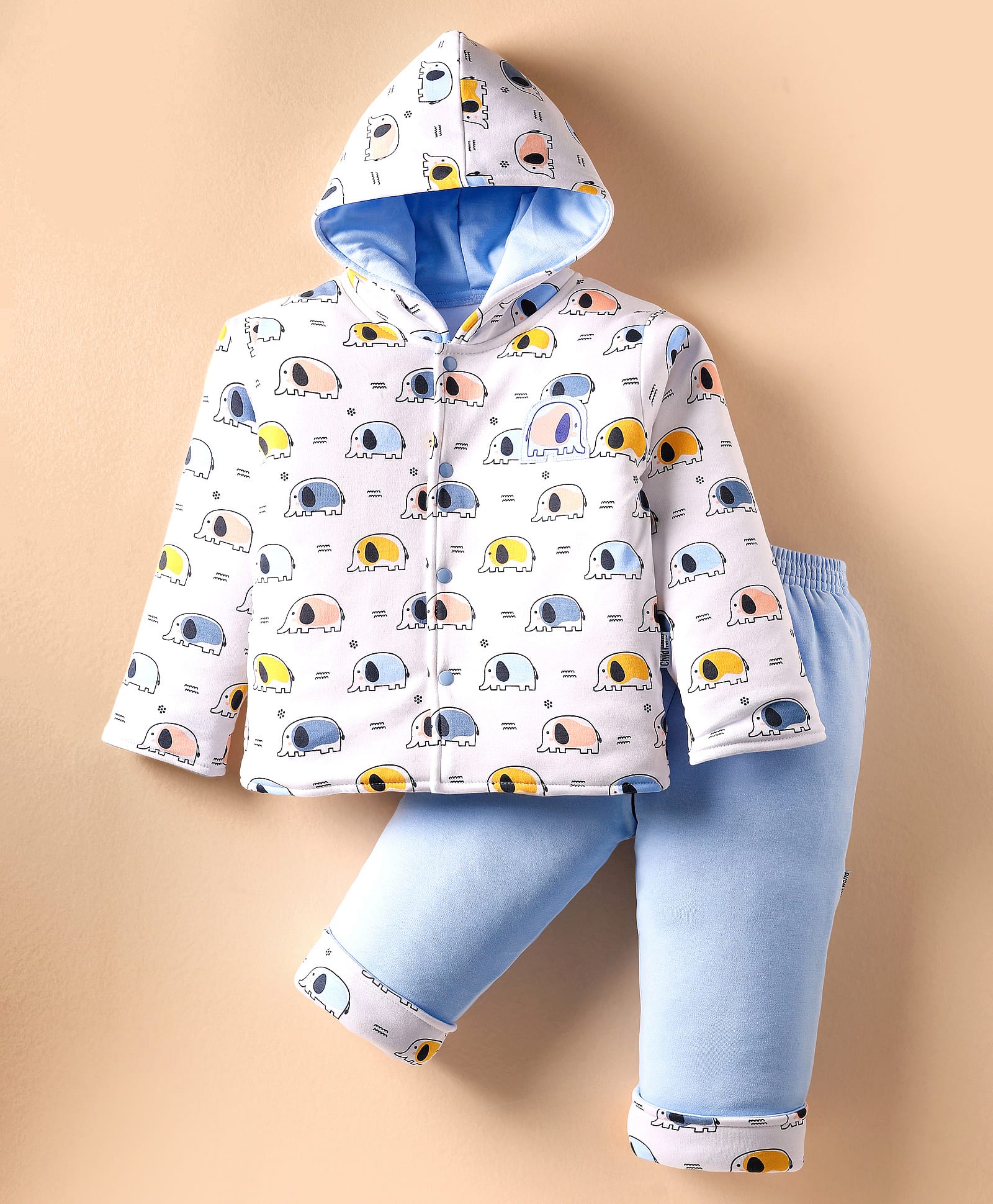 Child World Cotton Knit Full Sleeves Hooded Winter Wear Suits with Elephant Print - Light Blue & White-picture-18