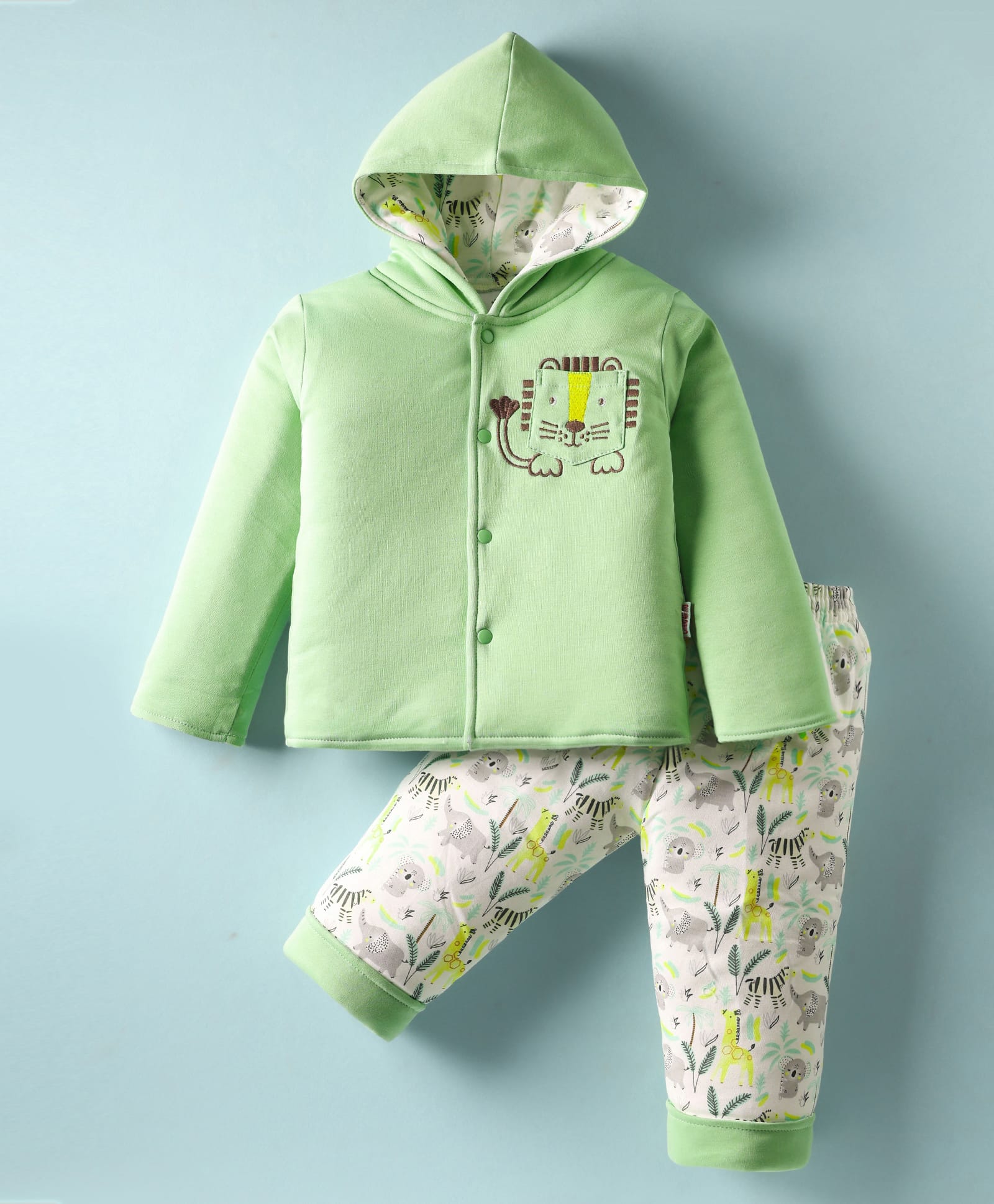 Child World Knit Full Sleeves Winter Wear Hooded Sweatjacket & Lounge Pant Set With Animal Print & Embroidery - Green-image-22
