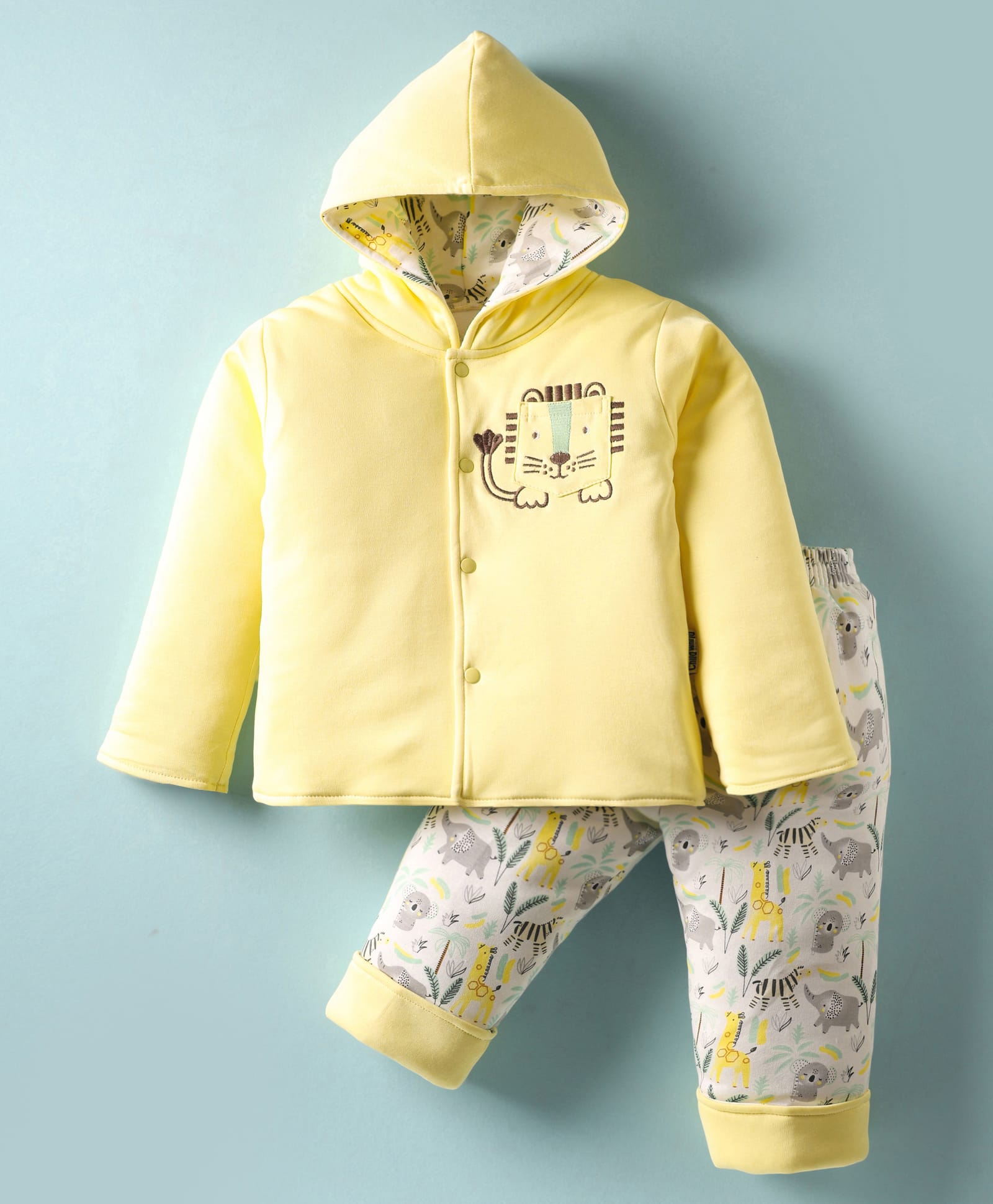 Child World Knit Full Sleeves Winter Wear Hooded Sweatjacket & Lounge Pant Set With Animal Print & Embroidery - Lemon Yellow-picture-36