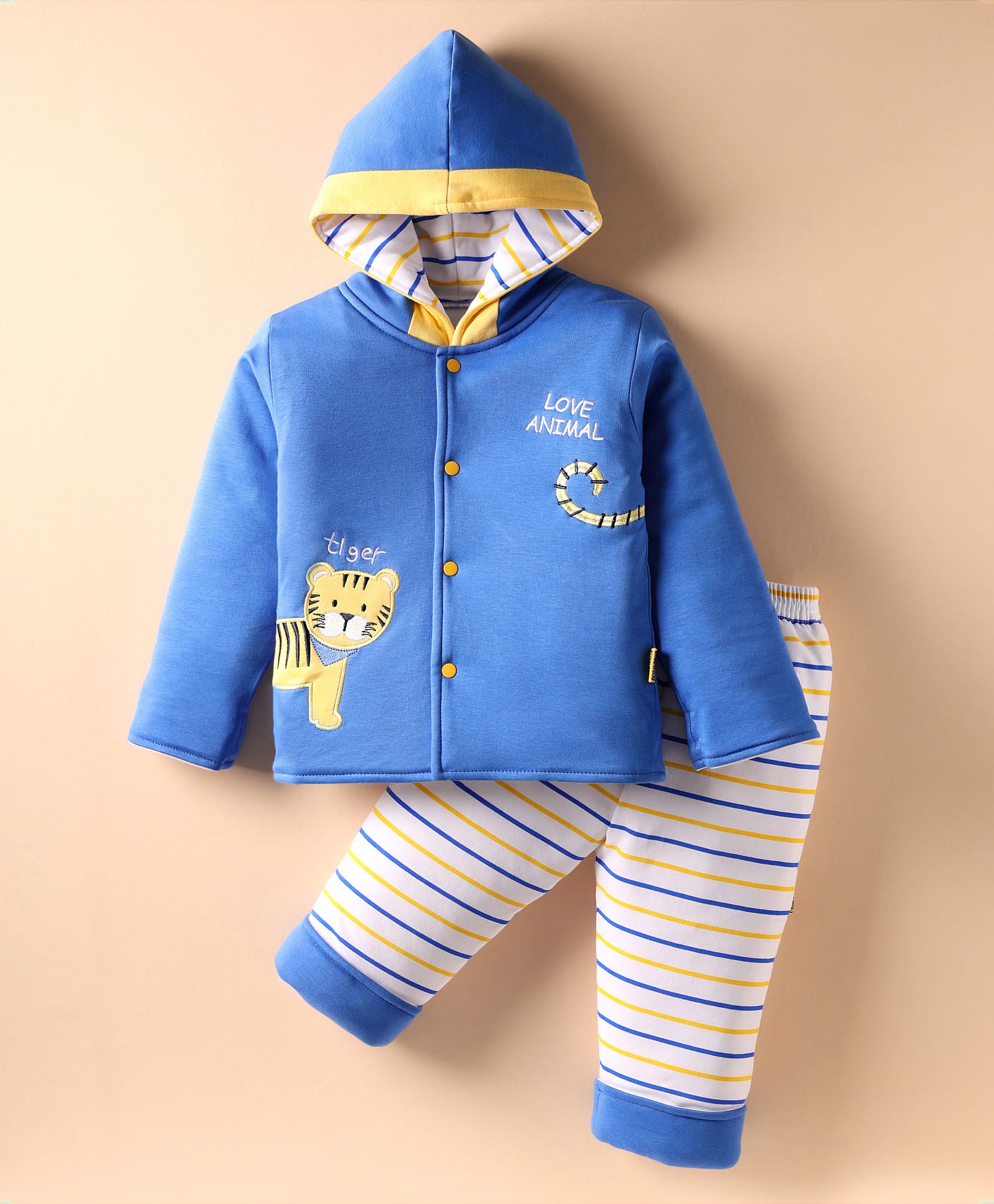 Child World Knit Full Sleeves Winter Wear Hooded Sweatjacket & Lounge Pant Set With Animal Embroidery - Blue-picture-17