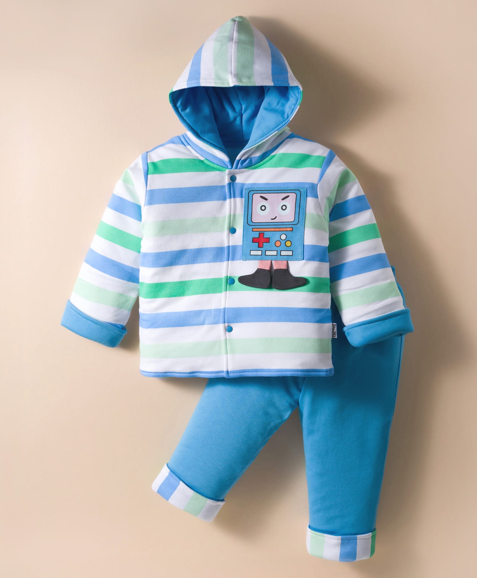 Child World Knit Winter Wear Full Sleeves Winter Wear Hooded T-Shirt & Lounge Pant Set With Stripes & Legs Applique - Blue-picture-25