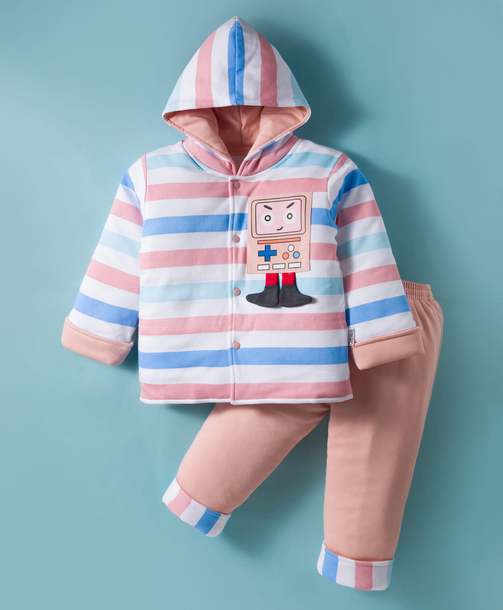 Child World Knit Winter Wear Full Sleeves Winter Wear Hooded T-Shirt & Lounge Pant Set With Stripes & Legs Applique - Pink-image-26