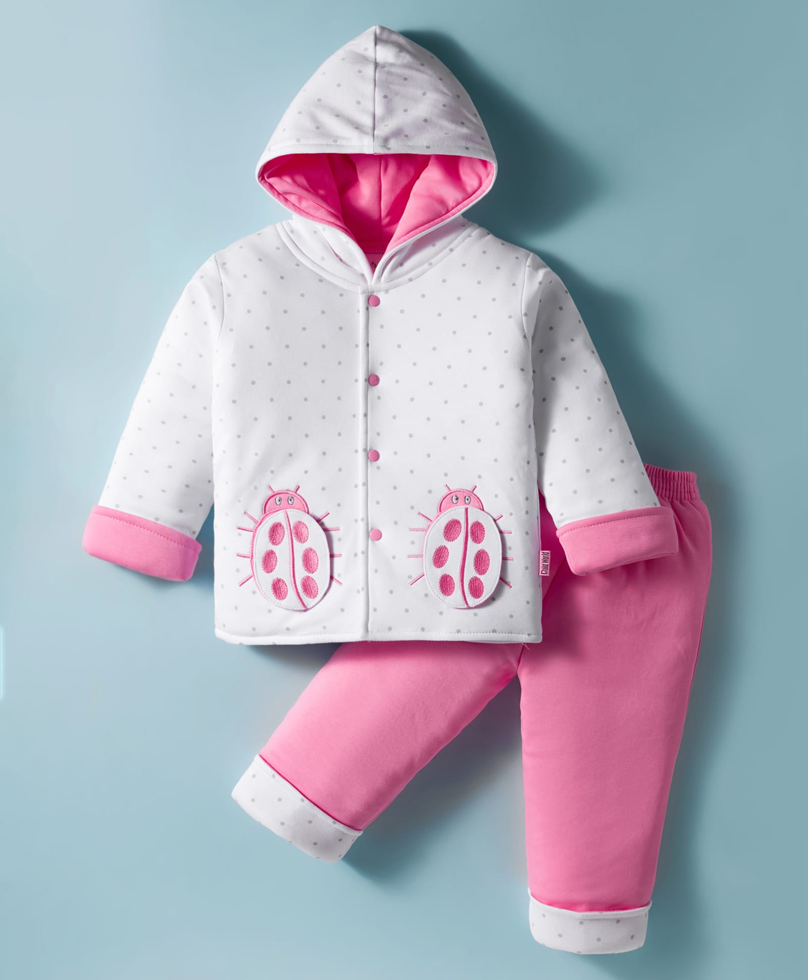 Child World Cotton Knit Full Sleeves Hooded Winter Wear Suit With Lady Bug Patch - Pink & White-picture-37
