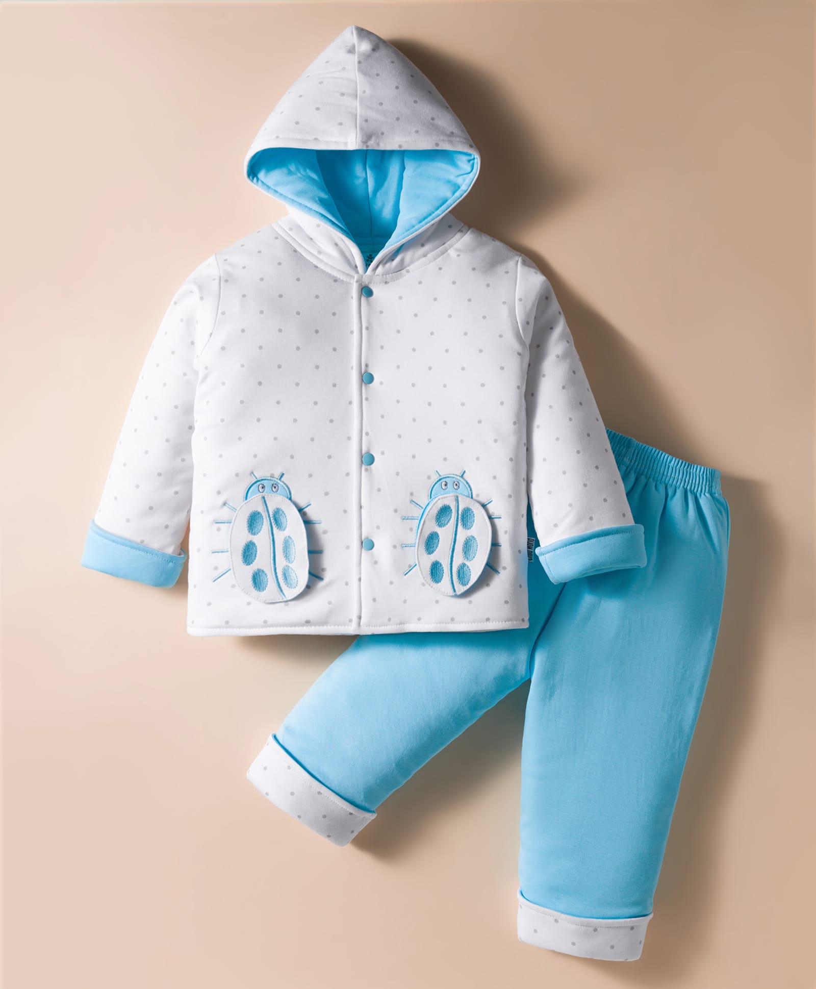 Child World Cotton Knit Full Sleeves Hooded Winter Wear Suit With Lady Bug Patch - Light Blue & White-picture-7
