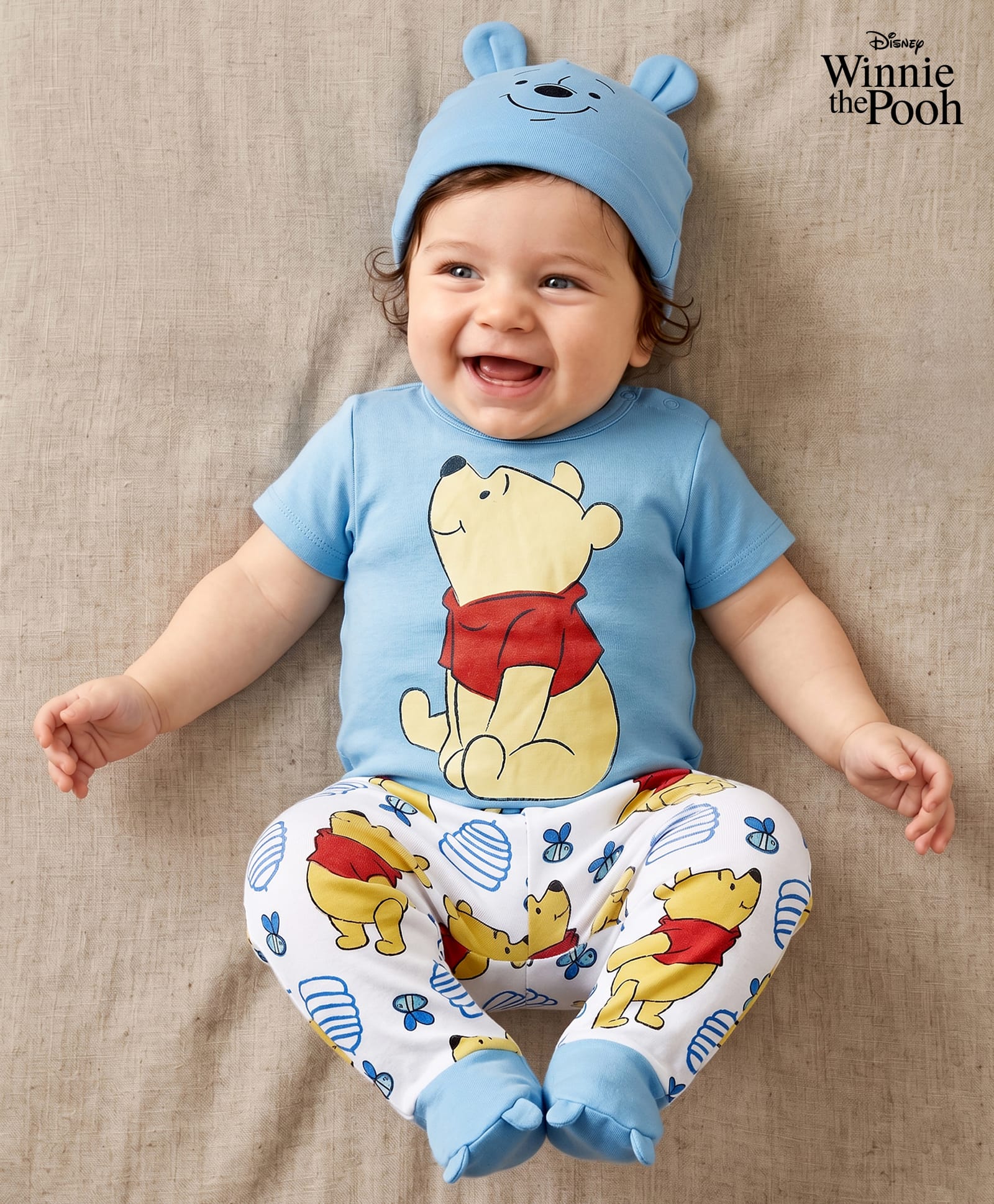 Babyhug Disney Interlock Knit Half Sleeves Onesie Leggings & Cap with Winnie the Pooh Graphic - Light Blue