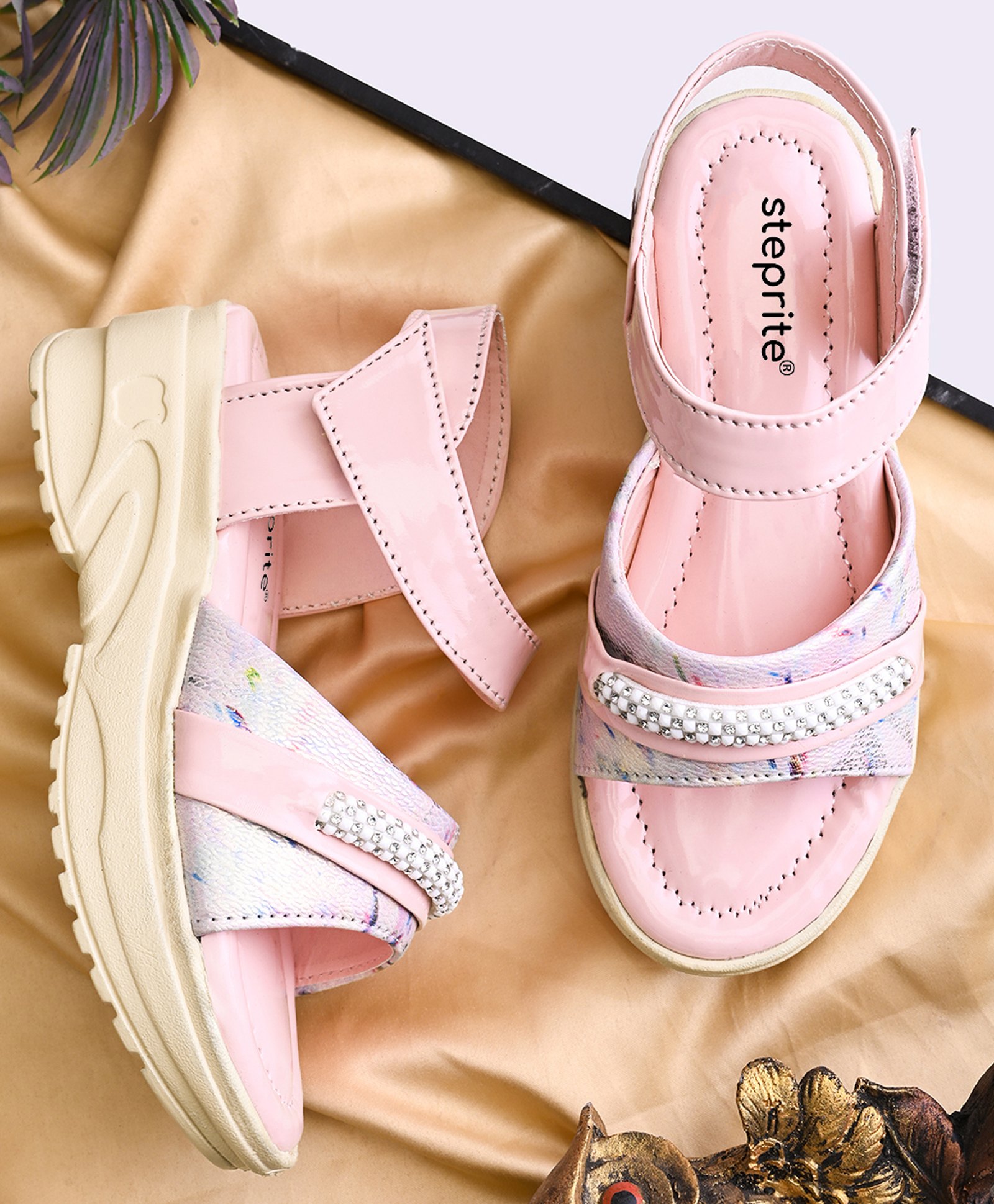 Steprite Stones Embellished Abstract Designed Velcro Closure Sandals - Pink-picture-27