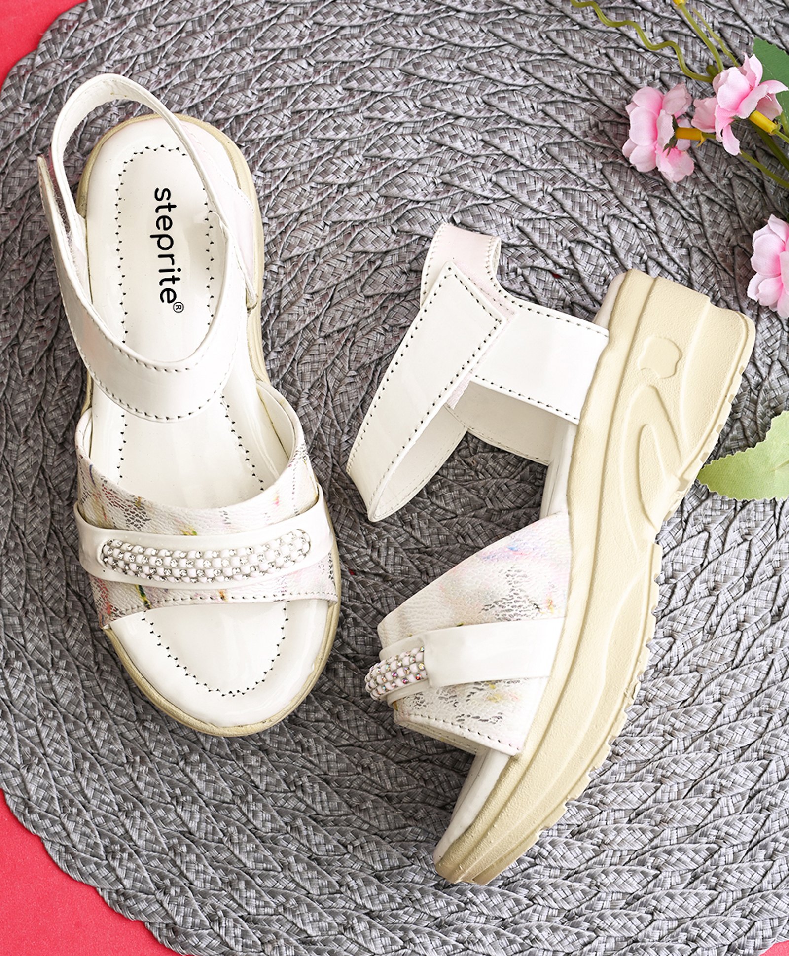 Steprite Stones Embellished Abstract Designed Velcro Closure Sandals - White-picture-7