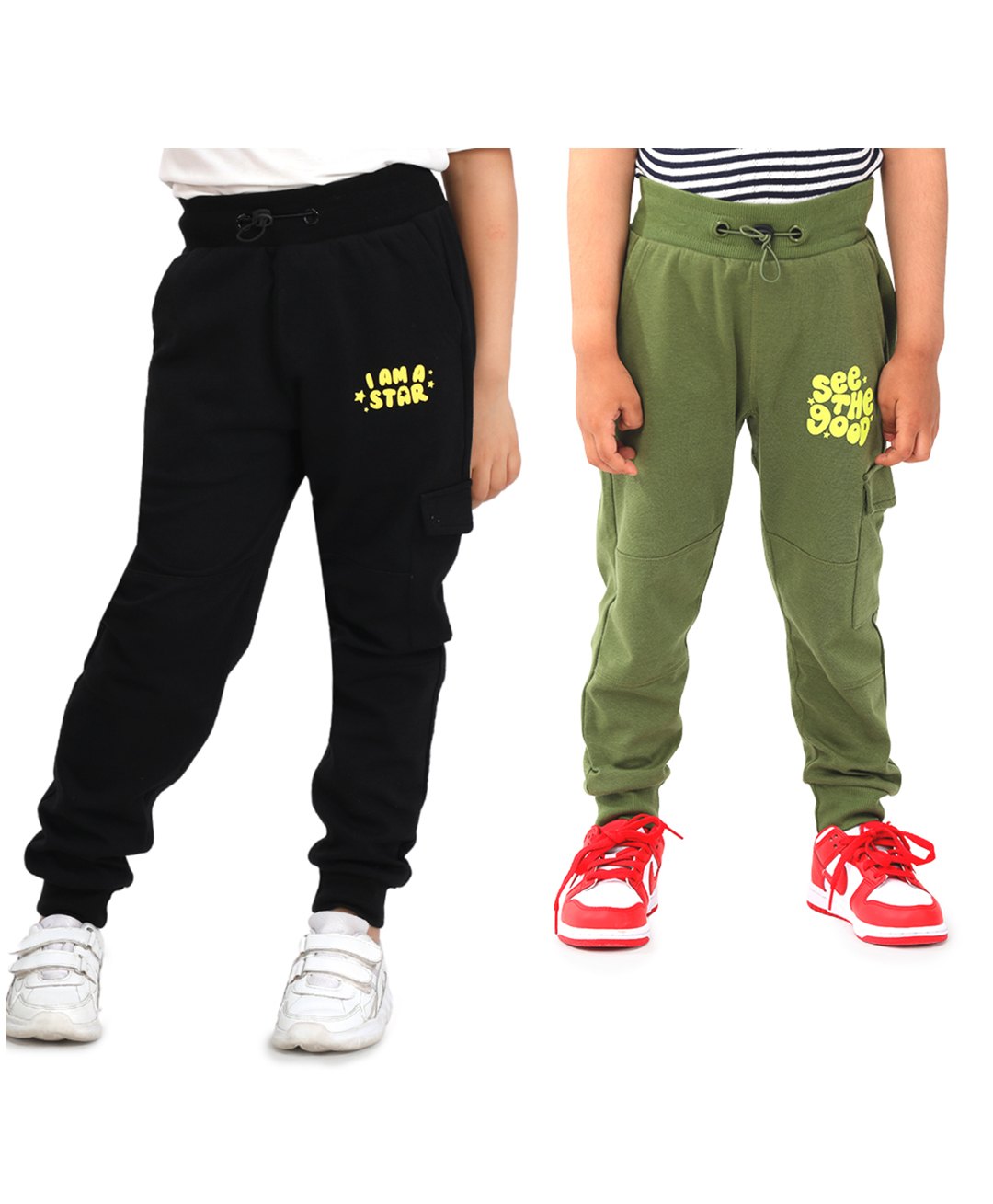 SuperBottoms Cotton Blend Knit Pack Of 2 I Am A Star & See The Good Text Printed Joggers - Black & Olive Green-picture-29