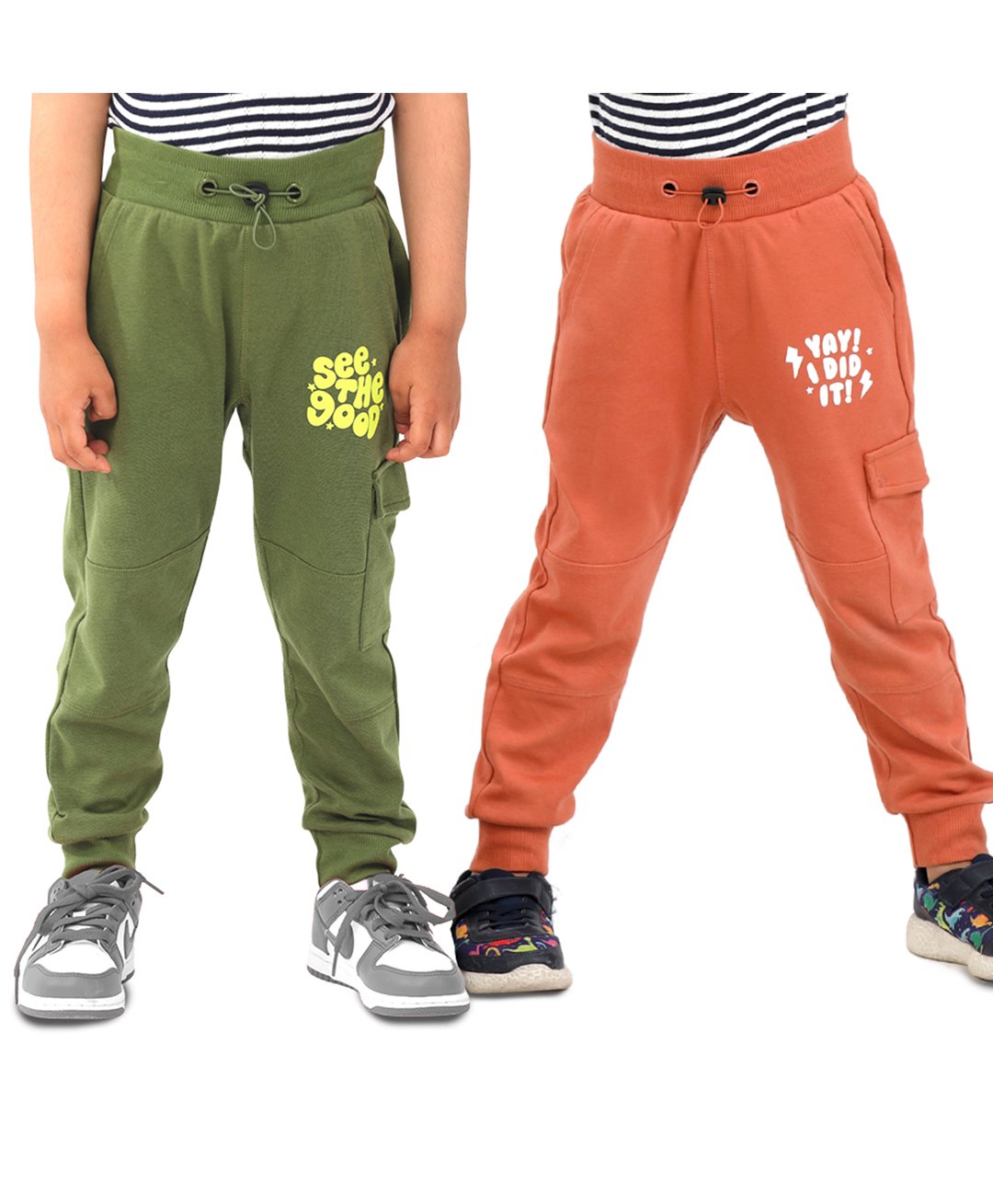 SuperBottoms Cotton Blend Knit Pack Of 2 Yay I Did It & See The Good Text Printed Joggers - Brown & Olive Green-picture-27