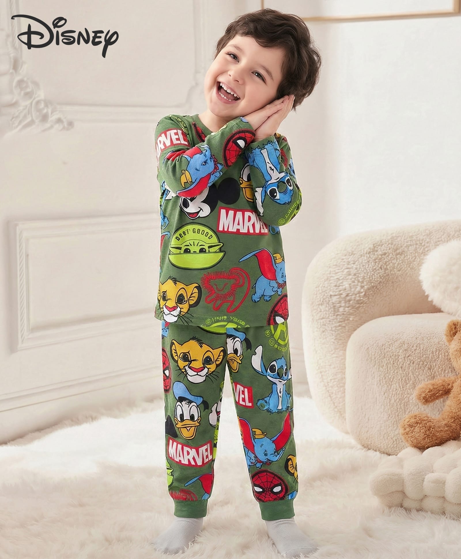 Babyhug Disney Single Jersey Knit Full Sleeves Co-ord Night Suit With Disney Character Print - Olive Green-image-34
