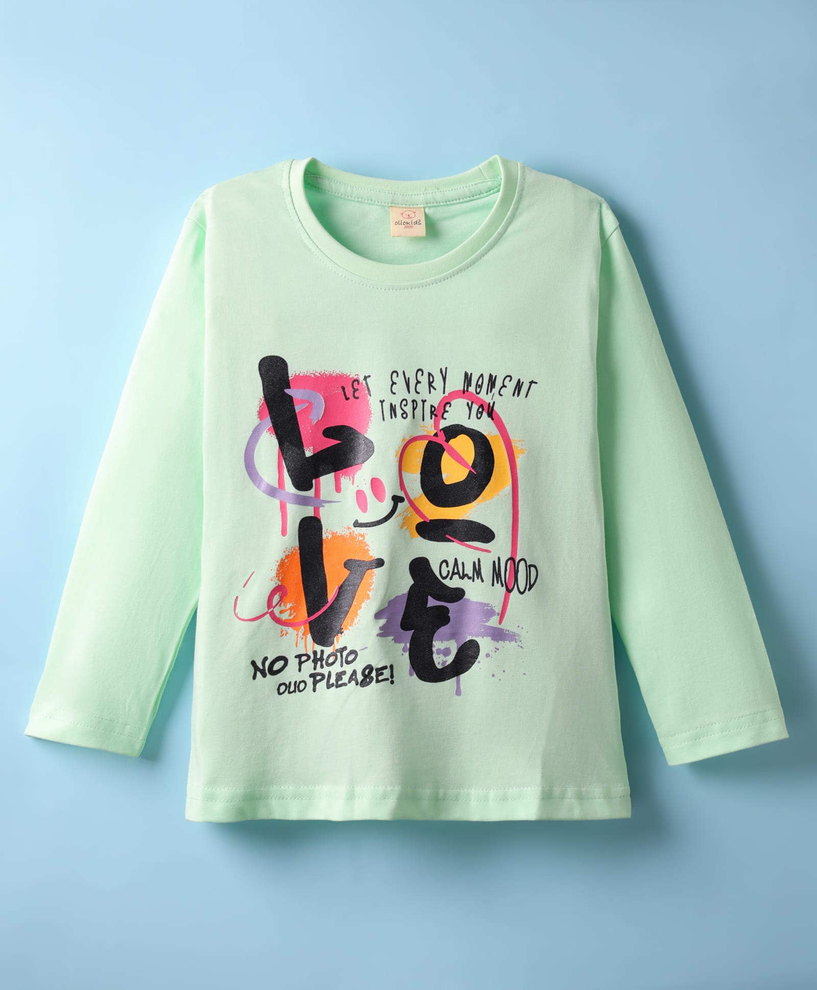 Olio Kids Sinker Knit Full Sleeves T-Shirt with Let Every Moment Inspire You Text Print - Light Green-image-20