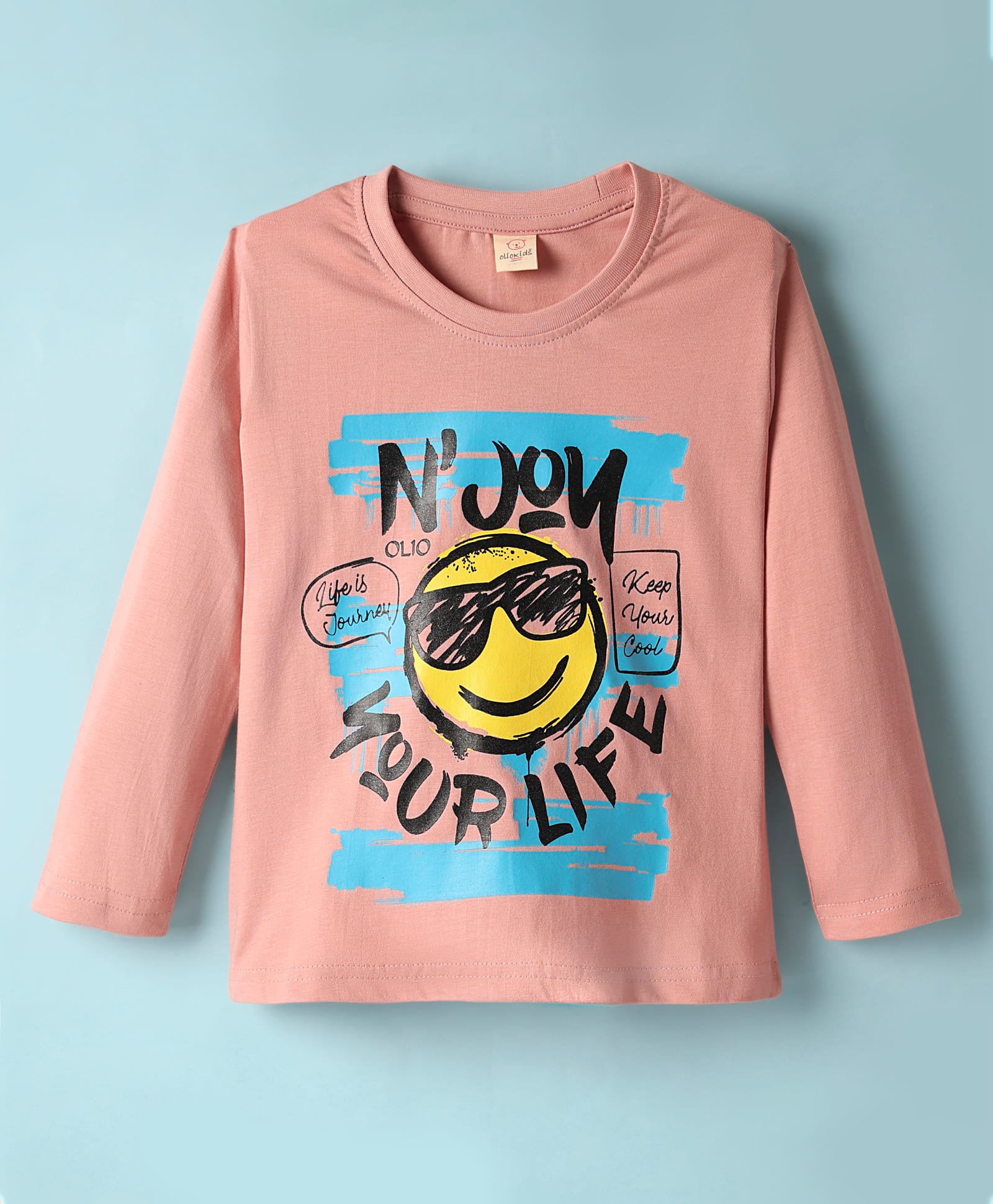 Olio Kids Sinker Knit Full Sleeves T-Shirt with Enjoy Your Life Text Print - Peach-picture-22