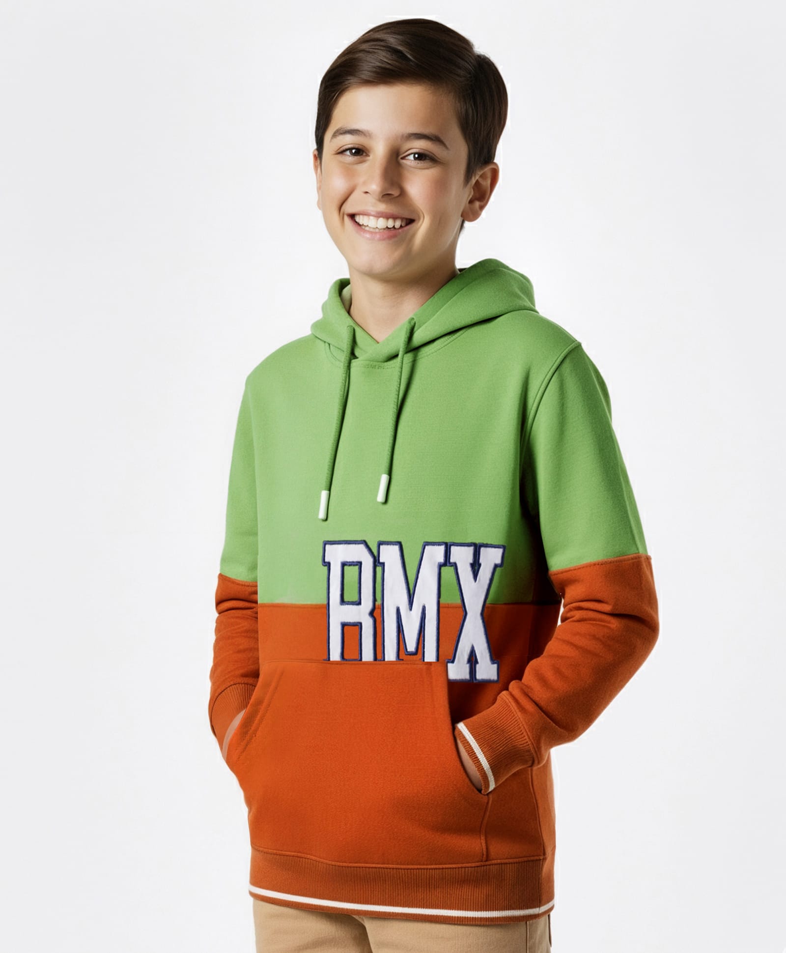 Pine Kids Cotton Knit Full Sleeves Hooded Sweatshirt With RMX Print & Kangaroo Pockets - Green & Rust-picture-18