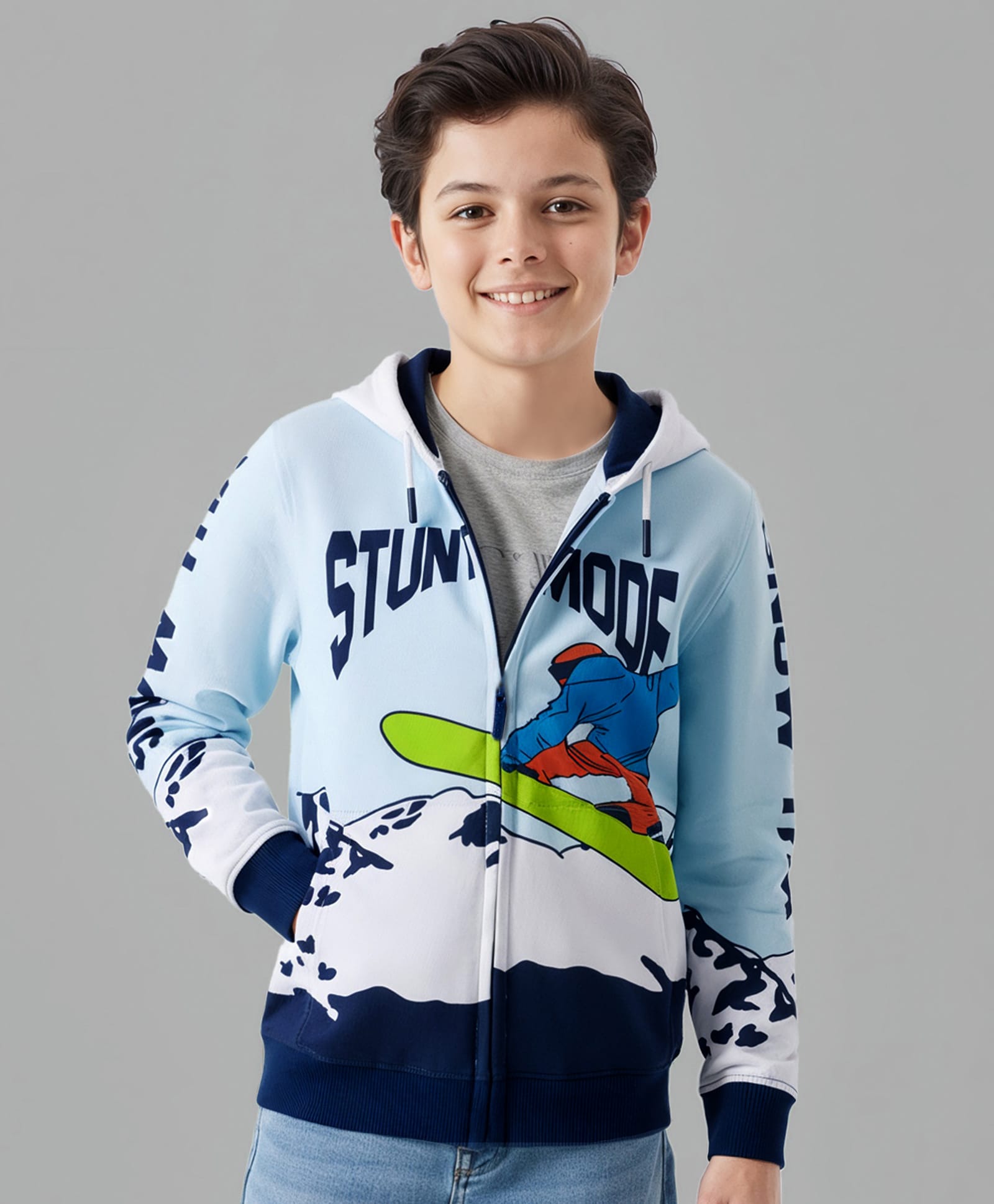 Pine Kids Cotton Knit Full Sleeves Hooded SweatJacket with Surfing Print - Light Blue-picture-28