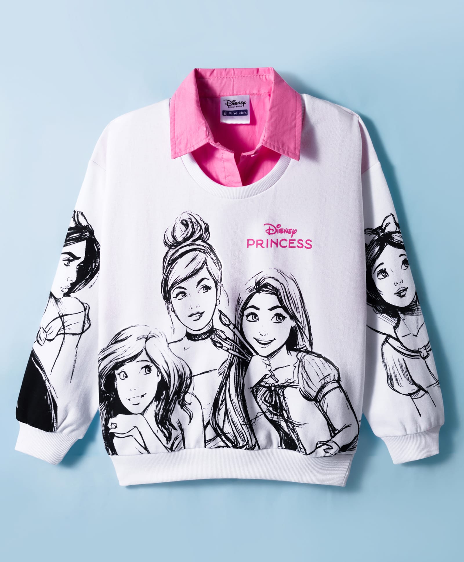 Pine Kids Disney Terry Knit Full Sleeves Collar Overlapped Pullover Sweatshirt with Disney Princess Graphics - White-picture-20