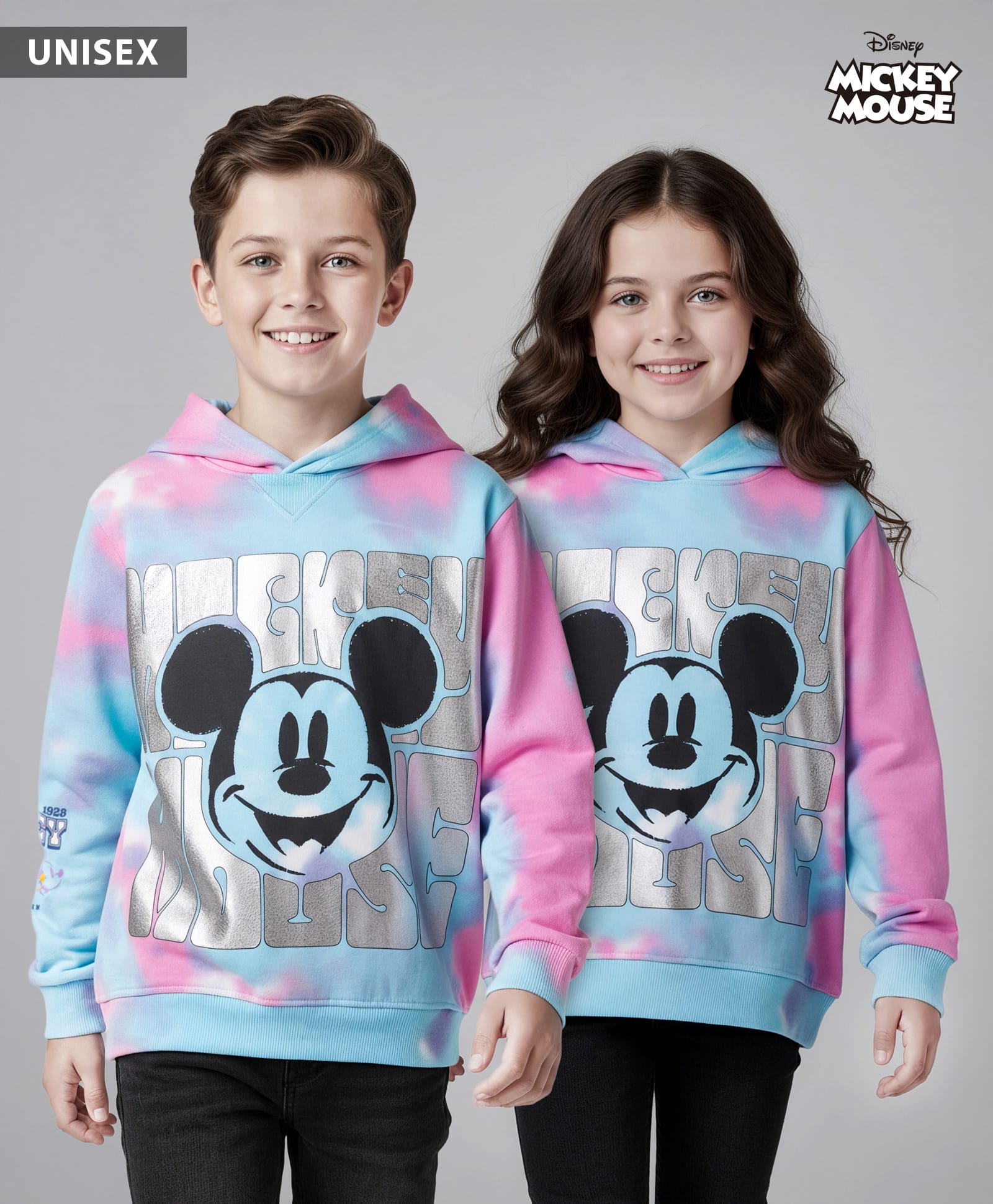Pine Kids Disney Terry Knit Full Sleeves Tie & Dyed Hooded Sweatshirt With Mickey Mouse Graphics & Foil Print - Multicolour-picture-11