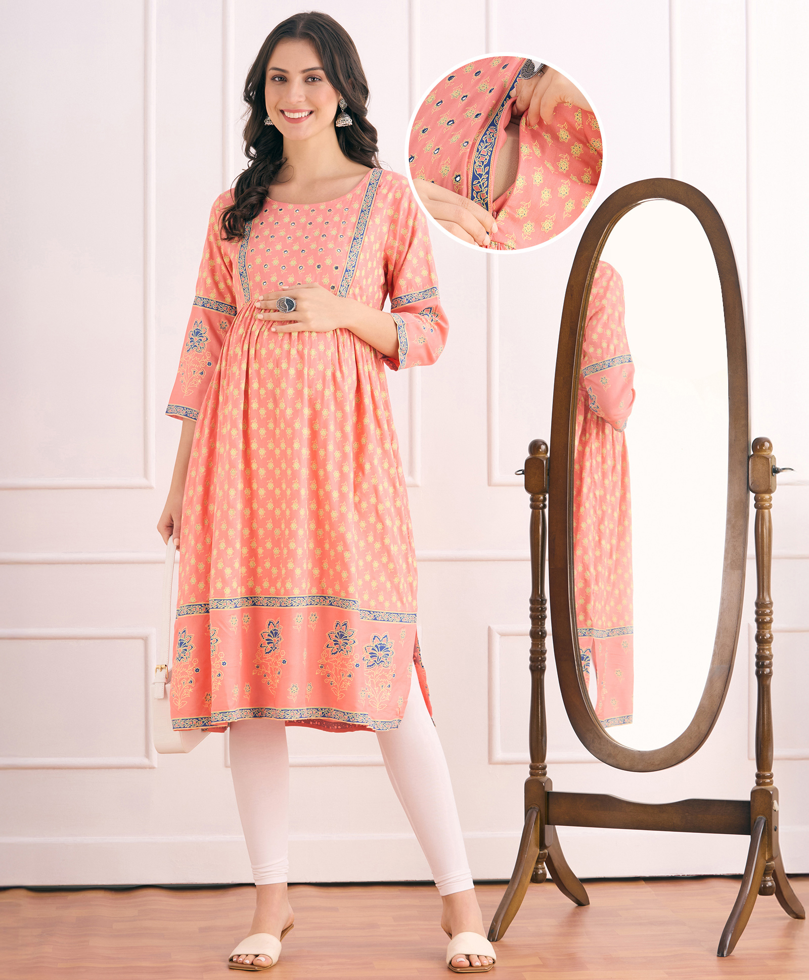Bella Mama Viscose Woven Three Forth Sleeves Floral Printed Maternity Kurta With Embroidered Yoke - Pink