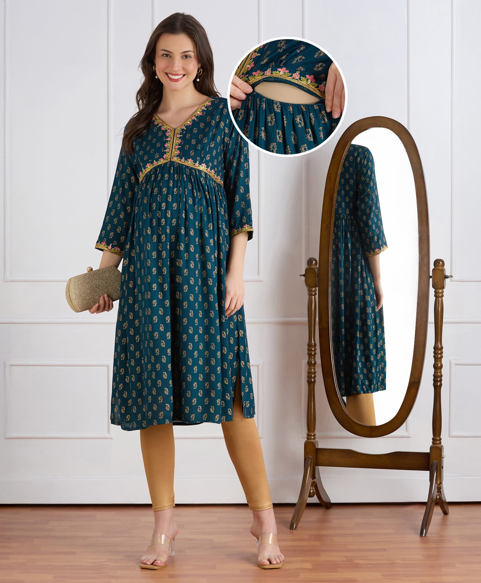 Bella Mama Woven Three Forth Sleeves Maternity Kurta With Floral Embroidered Yoke & Foil Print - Teal Blue