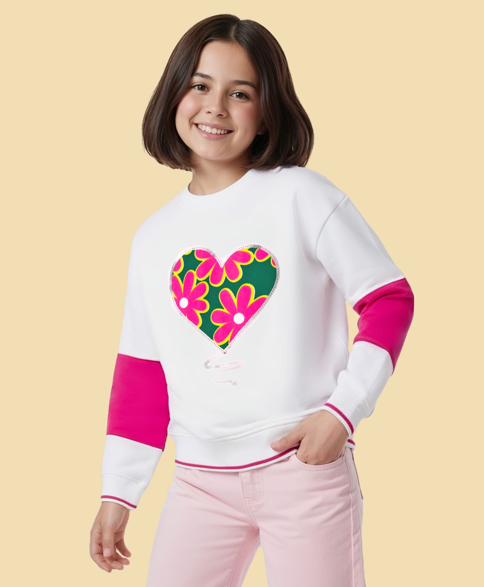 Pine Kids Cotton Kit Full Sleeves Sweatshirt with Floral Print & Sequin Detailing - White-picture-15