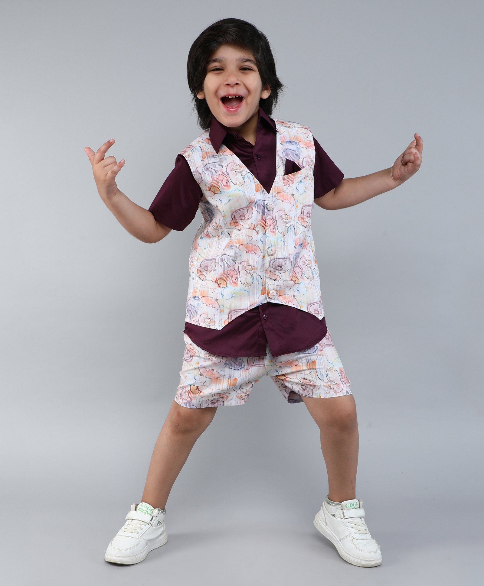Little Clothing Cotton Silk Woven Half Sleeves Abstract Printed 3 Piece Party Suit Set - Wine-image-25