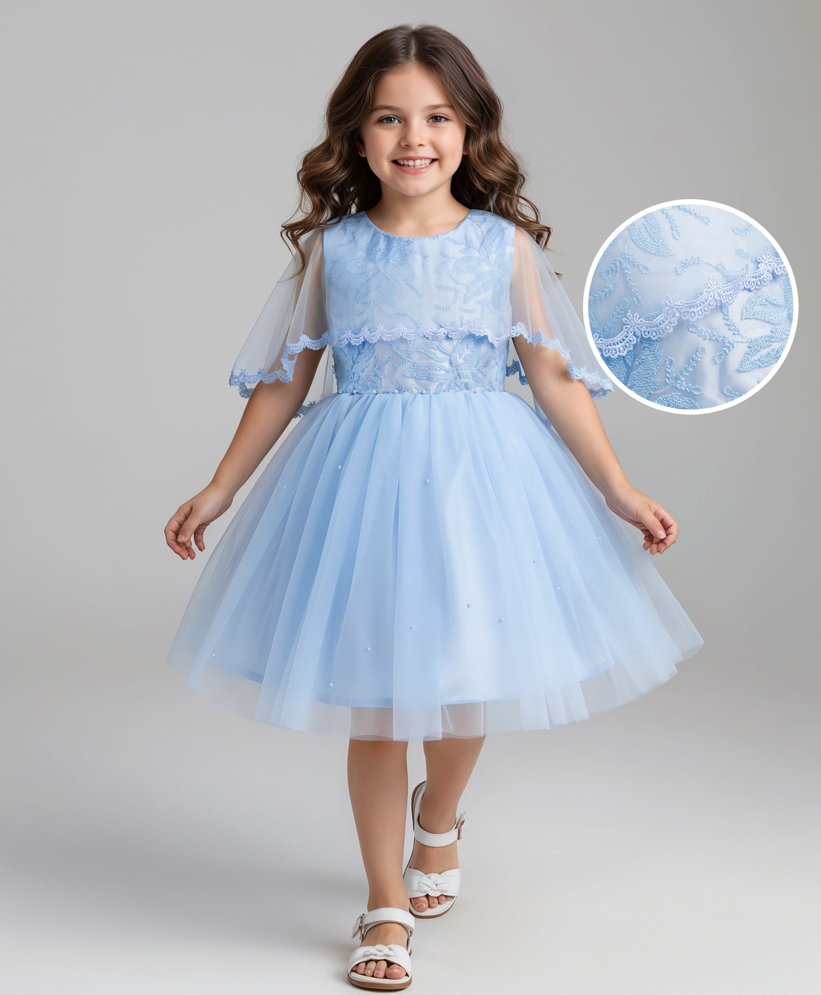 Mark & Mia Cotton Woven Sleeveless Cape Style Party Dress with Pearl Embellished Lace Detailing & Floral Embroidery - Light Blue-image-44