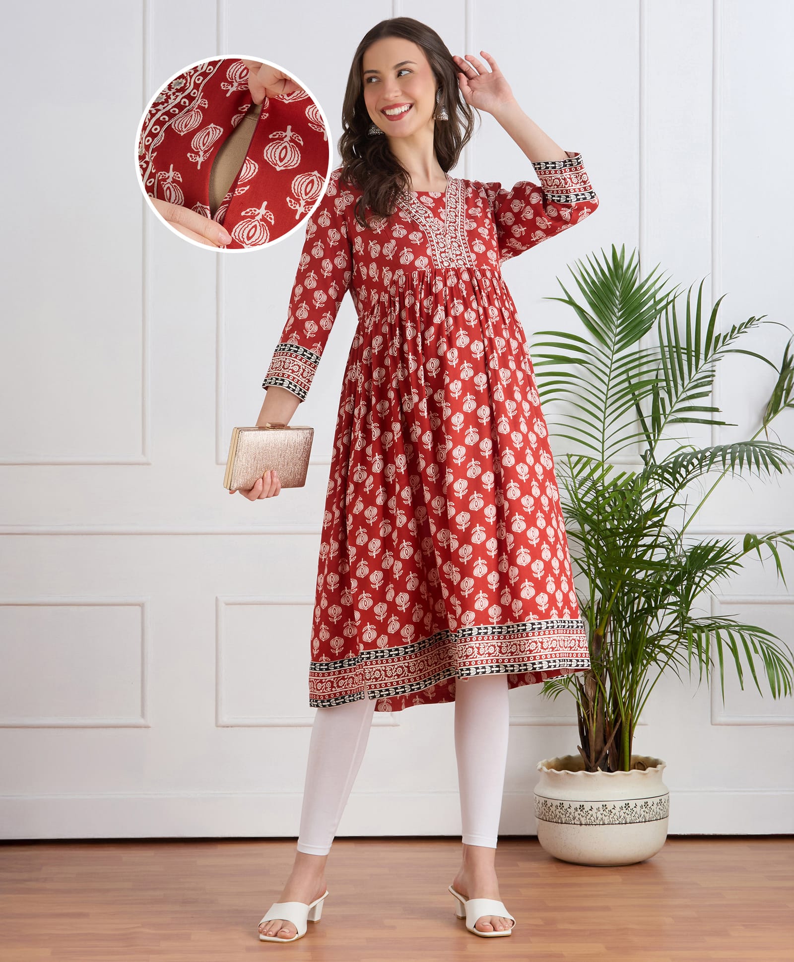 Bella Mama Woven Three Fourth Sleeves Floral Printed Maternity Kurta With Pocket - Red-image-28