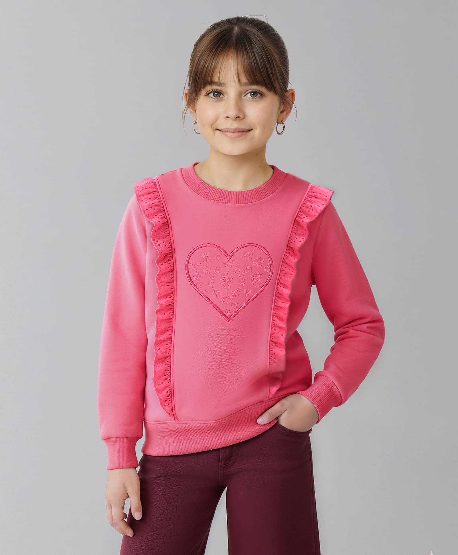 Pine Kids Cotton Knit Full Sleeves Sweatshirt with Heart Embroidery & Frill Detailing - Pink