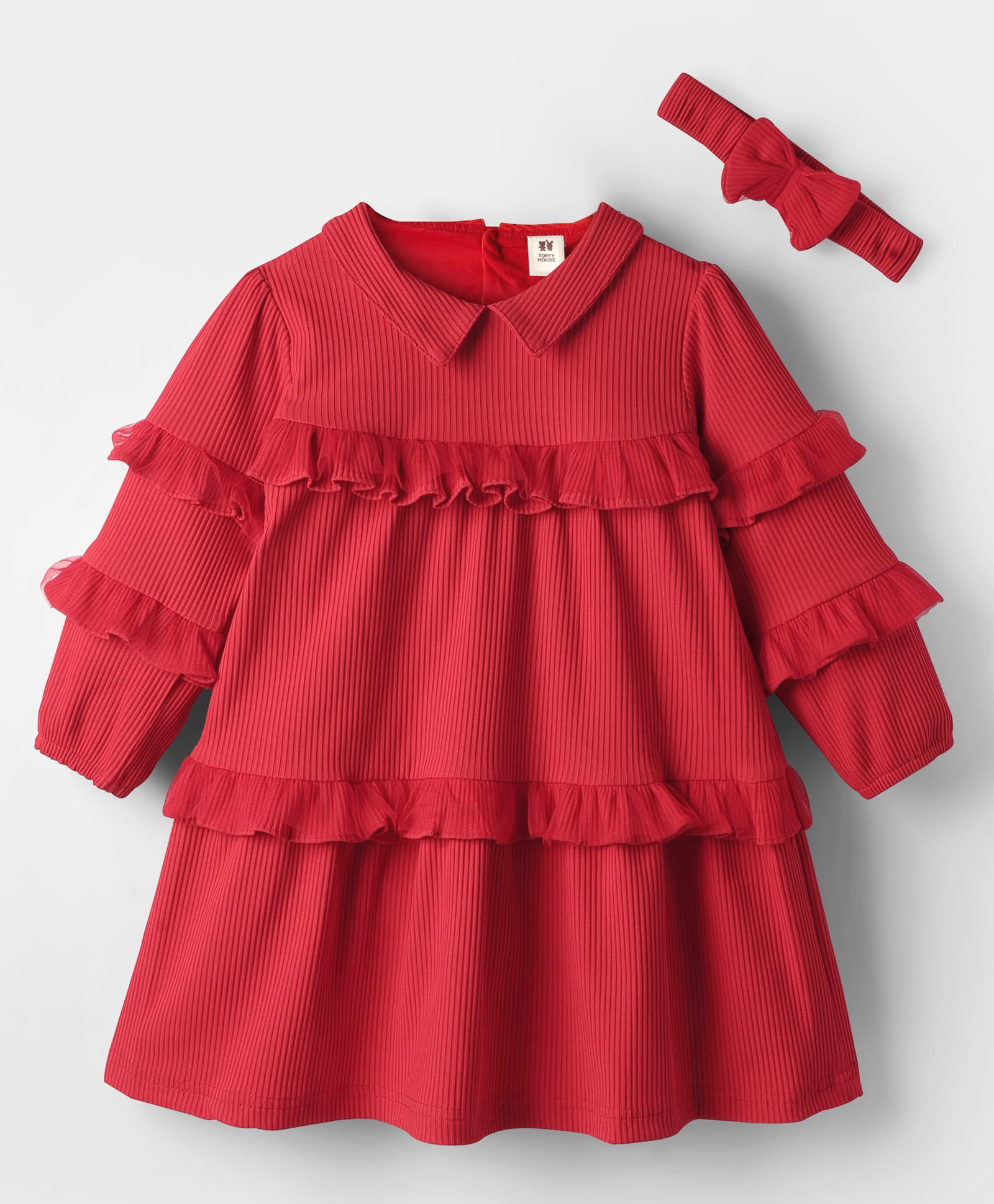 ToffyHouse Cotton Woven Full Sleeves Solid Color Textured Dress & Headband with Frill Detailing & Bow Applique - Red-image-46