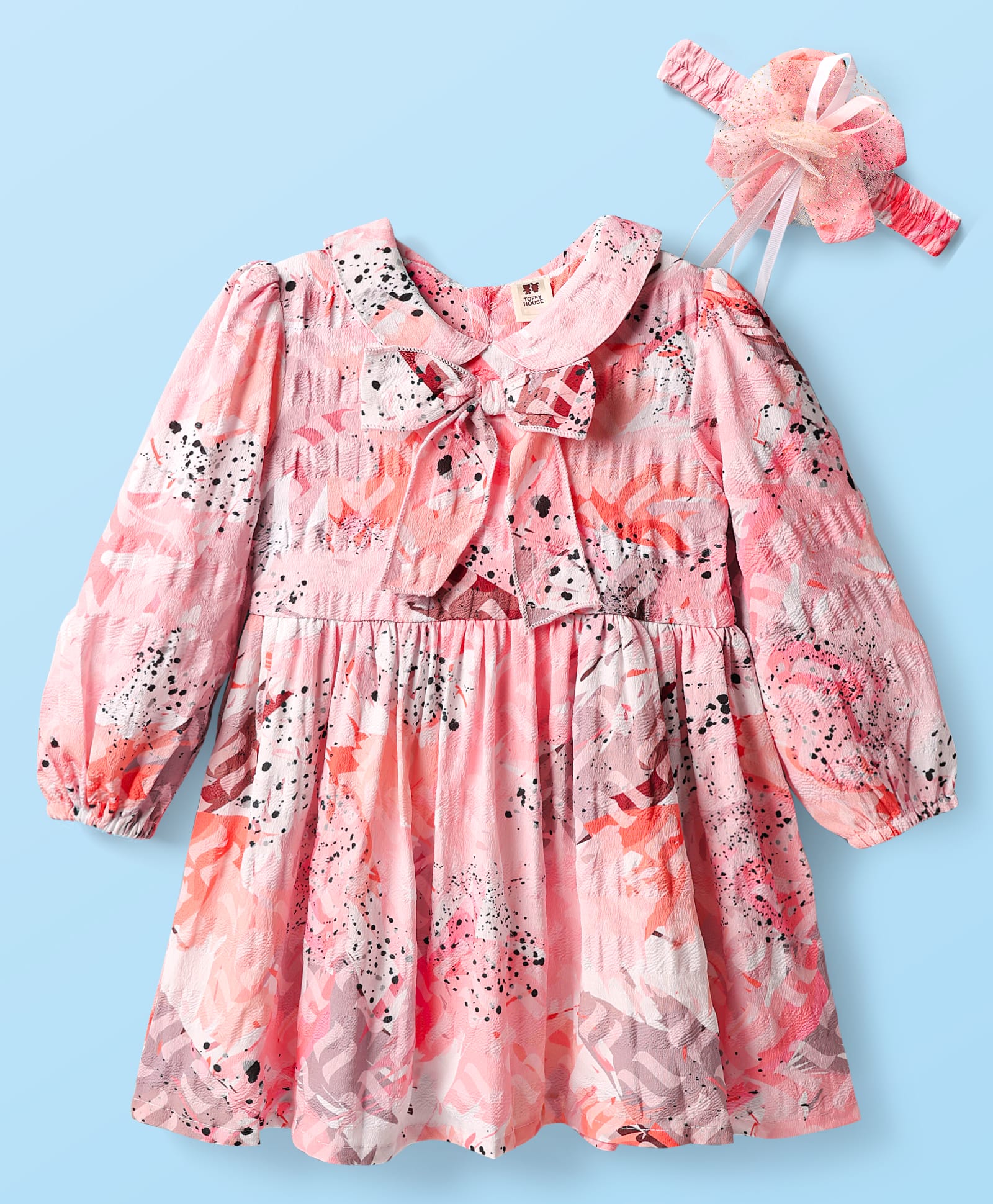 ToffyHouse Cotton Woven Full Volume Sleeves Printed Party Gown with Bow Applique & headband with Floral Applique - Pink-image-47