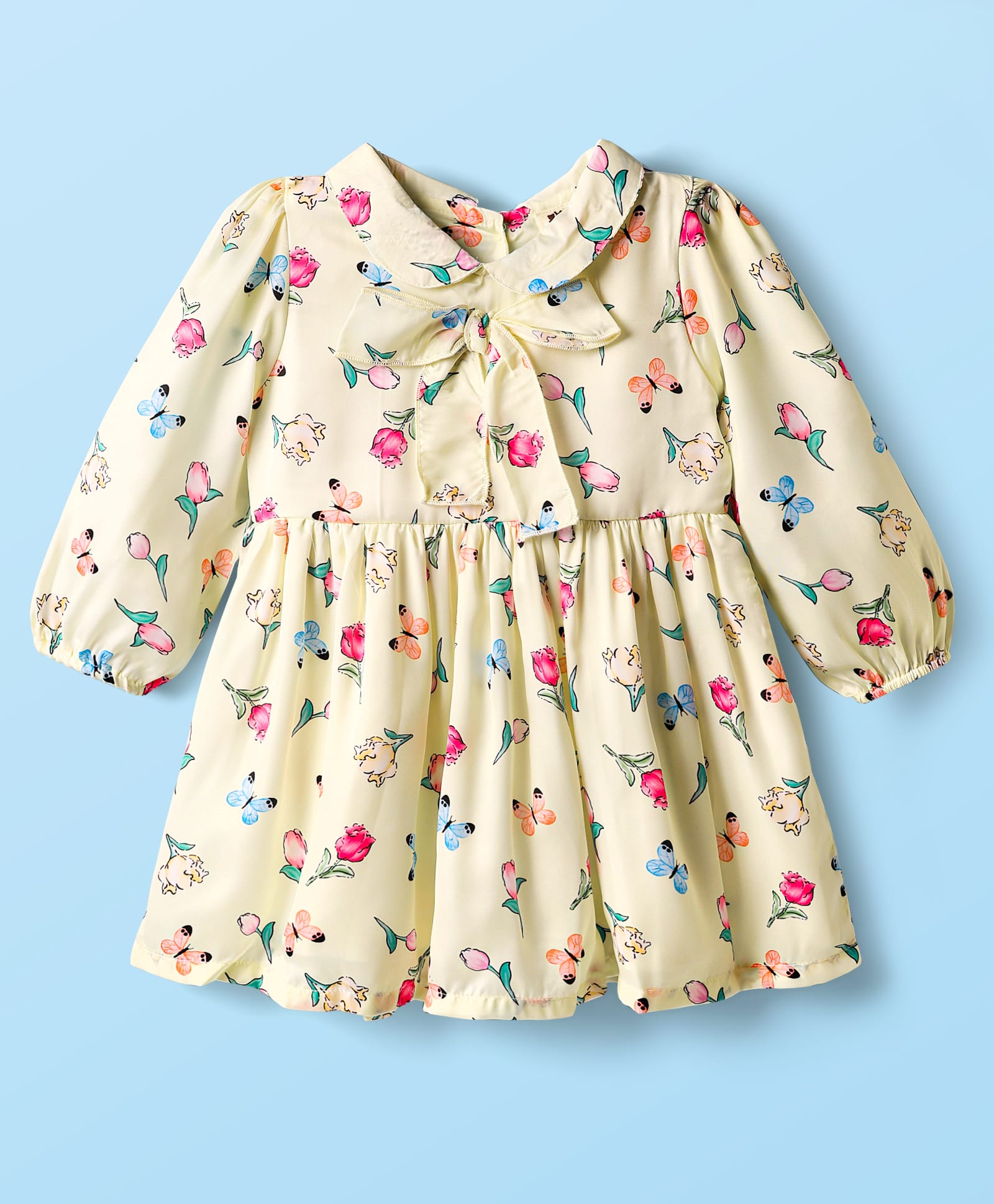 ToffyHouse Cotton Woven Full Volume Sleeves Party Gown with Bow Applique & Floral Print - Buttermilk Cream-image-36