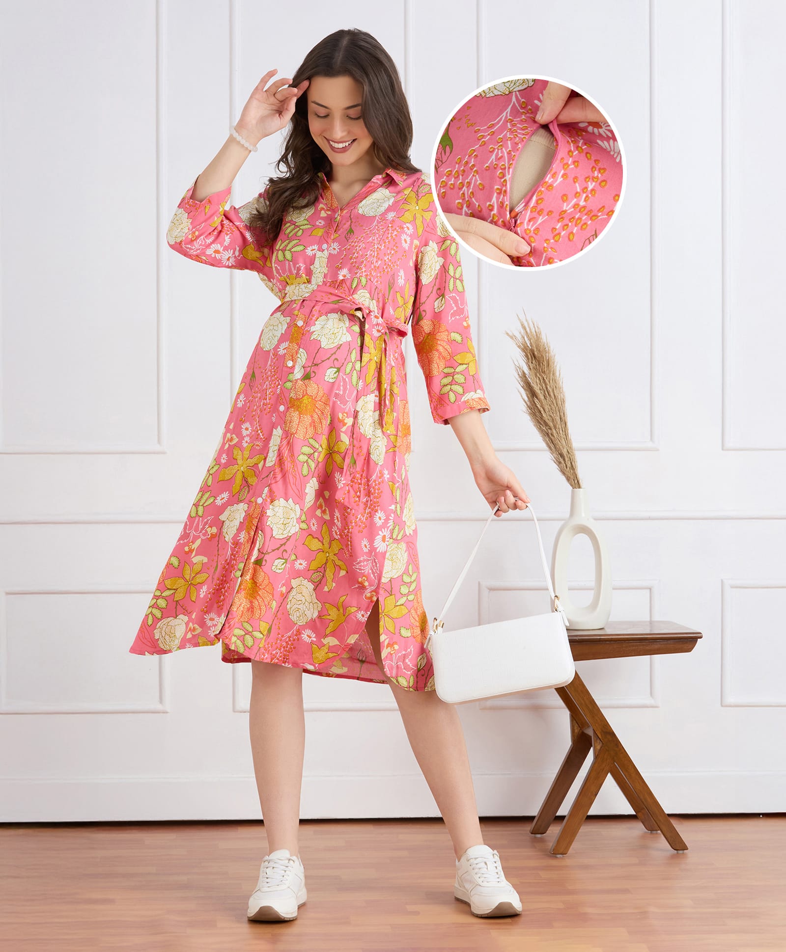 Bella Mama Woven Three Forth Sleeves Maternity Shirt Dress With Floral Print - Pink-image-26
