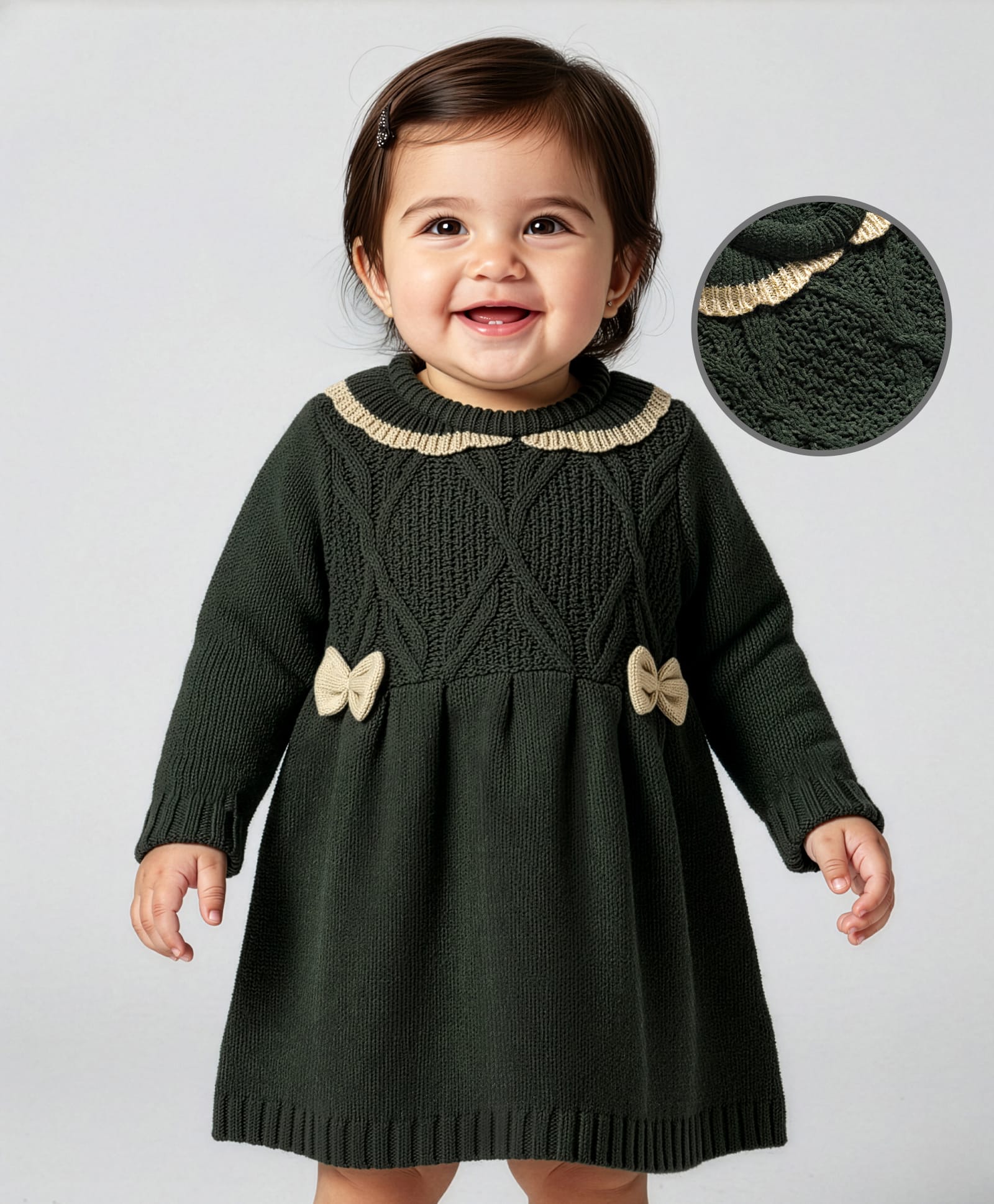 Babyoye Knit Full Sleeves Woolen Dress with Cable Knit Design & Bow Applique - Olive Green-picture-24