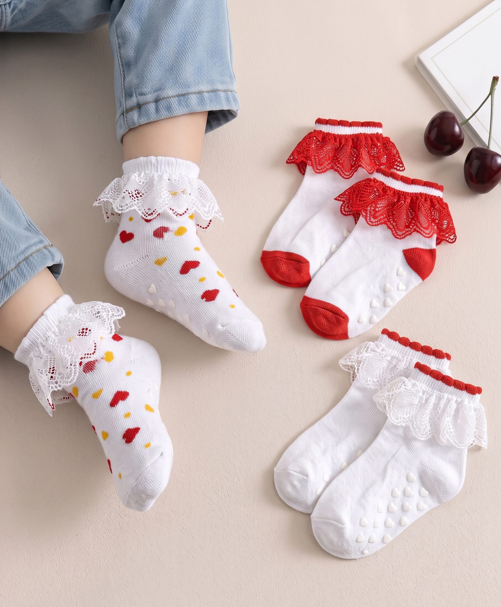 Cute Walk by Babyhug Knit Anti Bacterial Ankle Length Anti Skid Frill Socks Pack of 3 - White & Red-picture-13