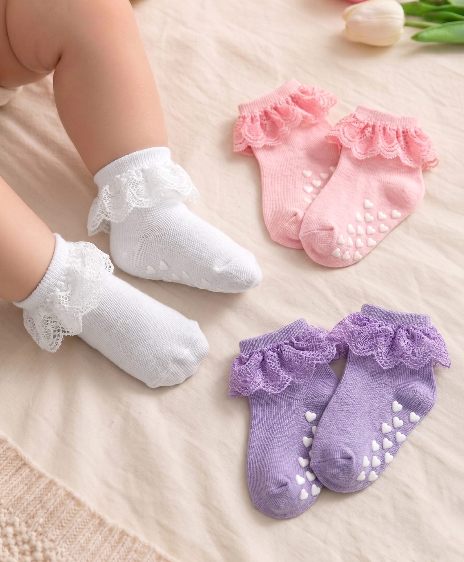 Cute Walk By Babyhug Knit Ankle Length Anti Bacterial Anti Skid Frill Socks Pack of 3 - Pink Purple & White-image-8