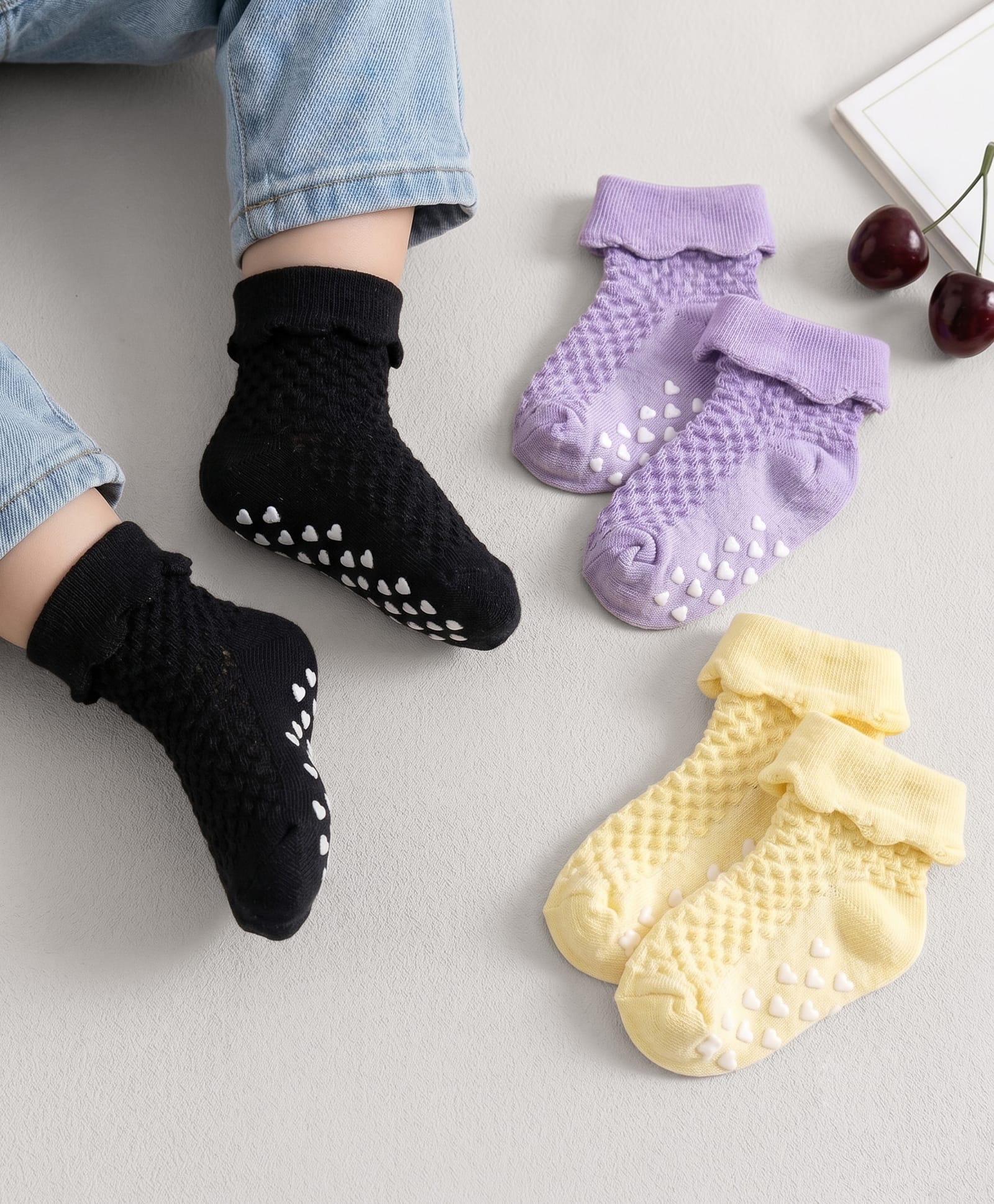 Cute Walk by Babyhug Anti Bacterial Ankle Length Anti Skid Socks With Heart Design Pack of 3 - Yellow Purple & Black-picture-16
