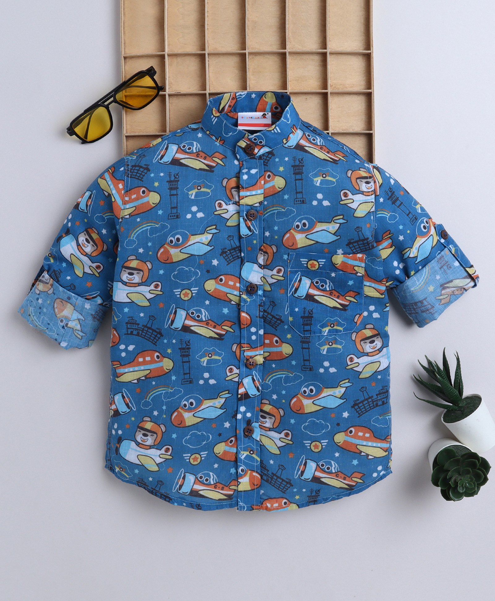 BAATCHEET Cotton Woven Full Sleeves Aeroplane & Bear Printed Shirt - Blue-picture-36