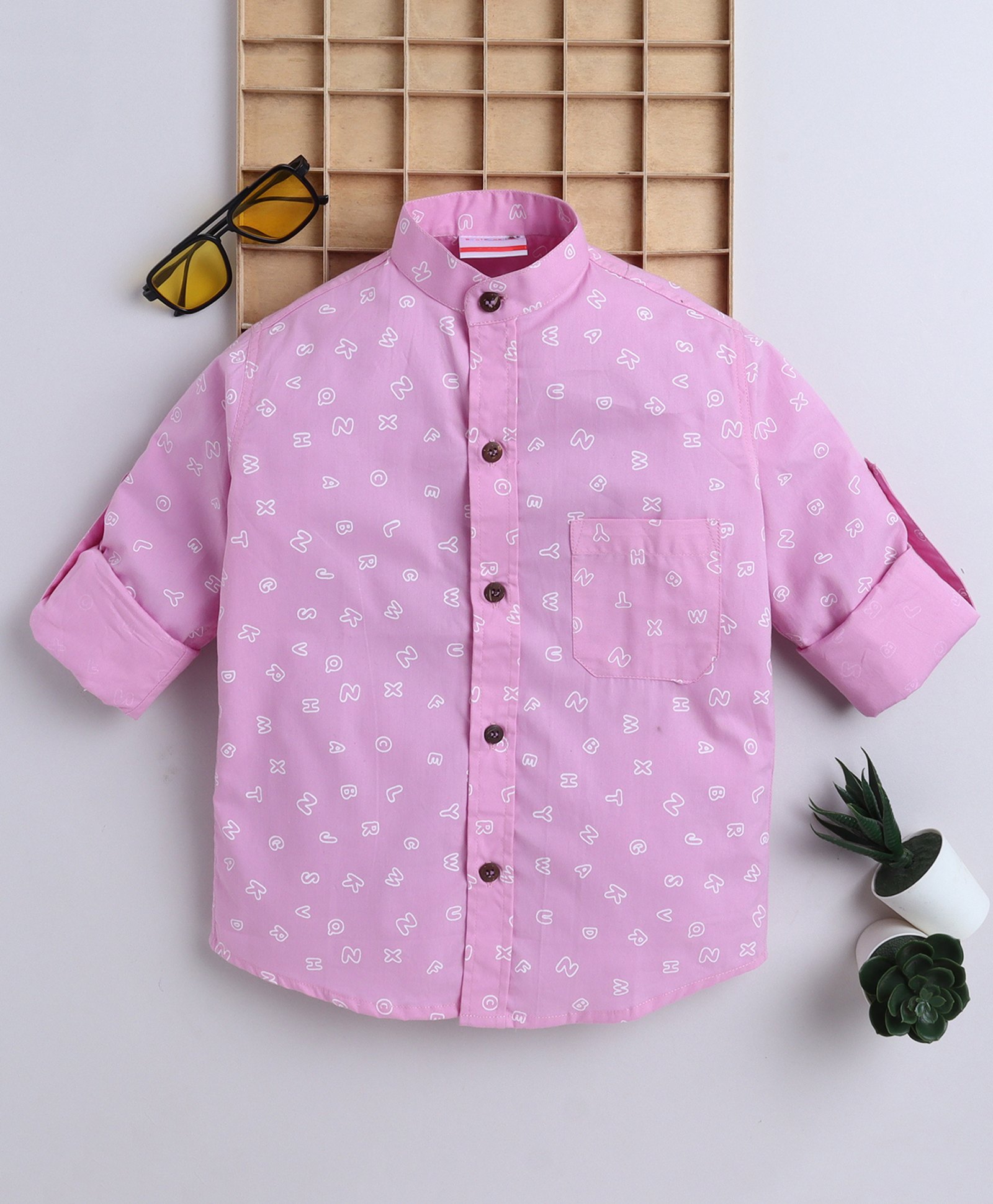 BAATCHEET Cotton Woven Full Sleeves Alphabets Printed Shirt - Pink-image-11