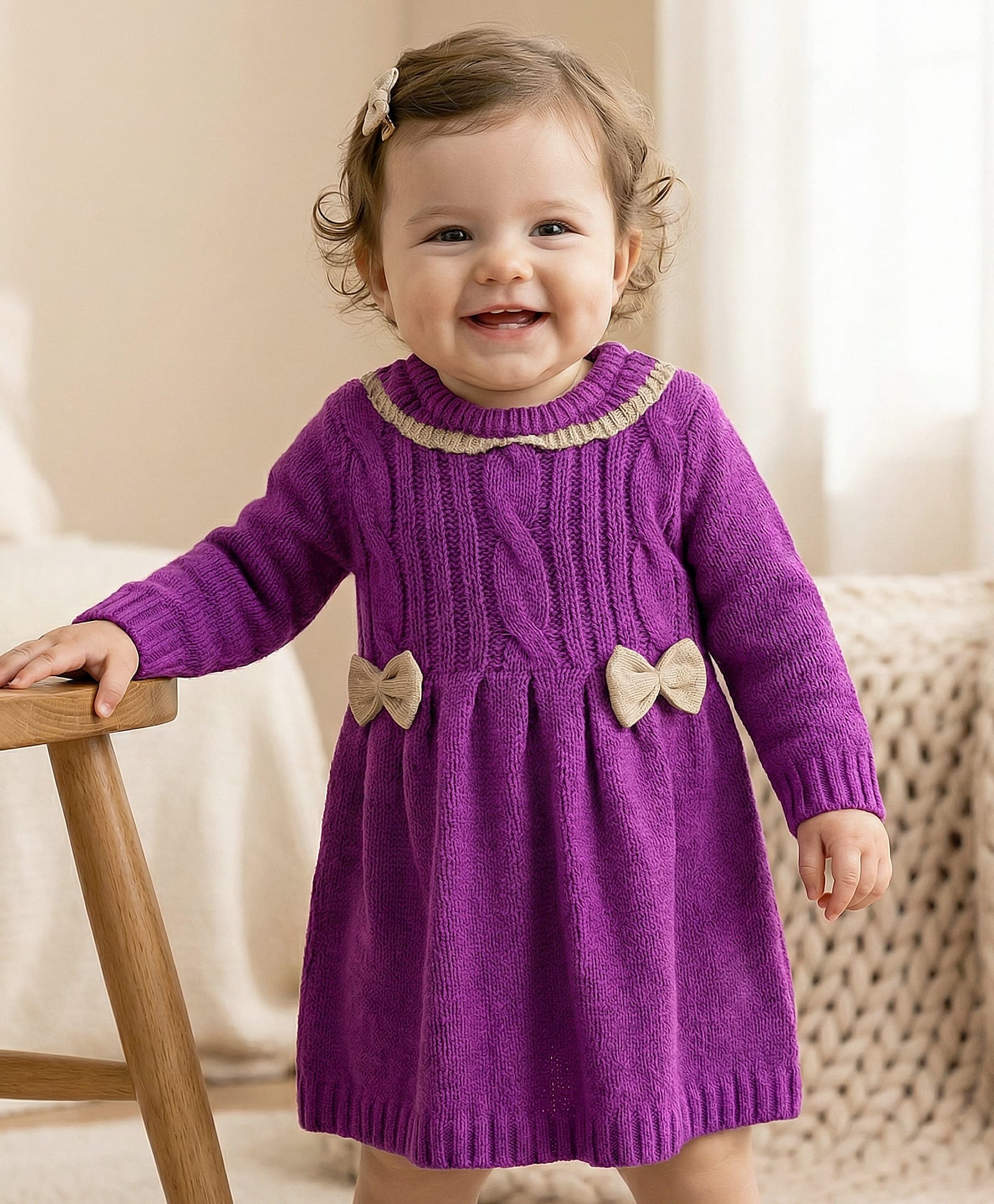 Babyoye Solid Dyed Full Sleeves Woollen Dress with Cable Knit Design & Bow Applique - Purple-image-8