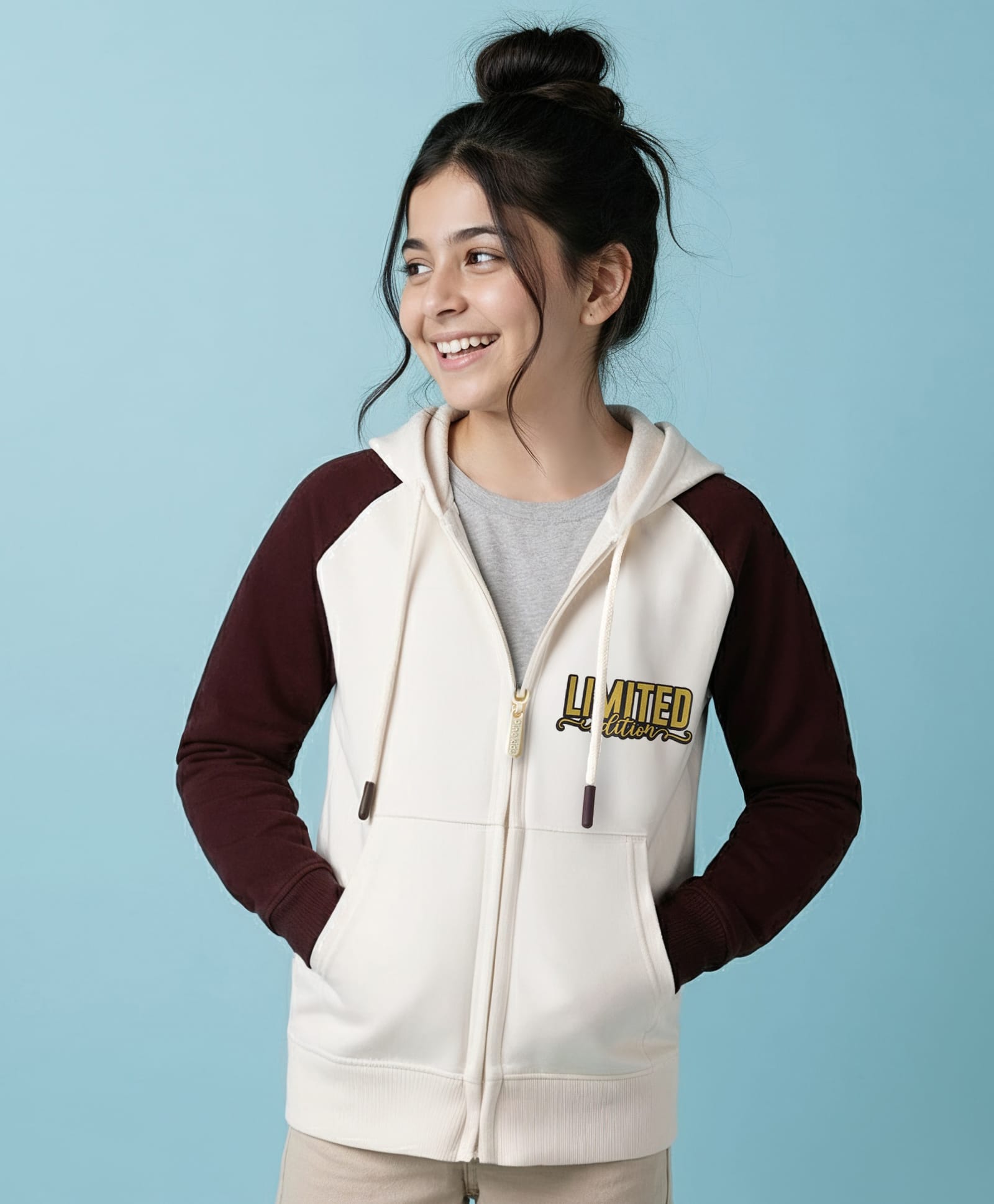 Pine Kids Cotton Knit Full Raglan Sleeves Hooded SweatJacket with Kangaroo Pocket & Foil Print - Black & White-picture-10