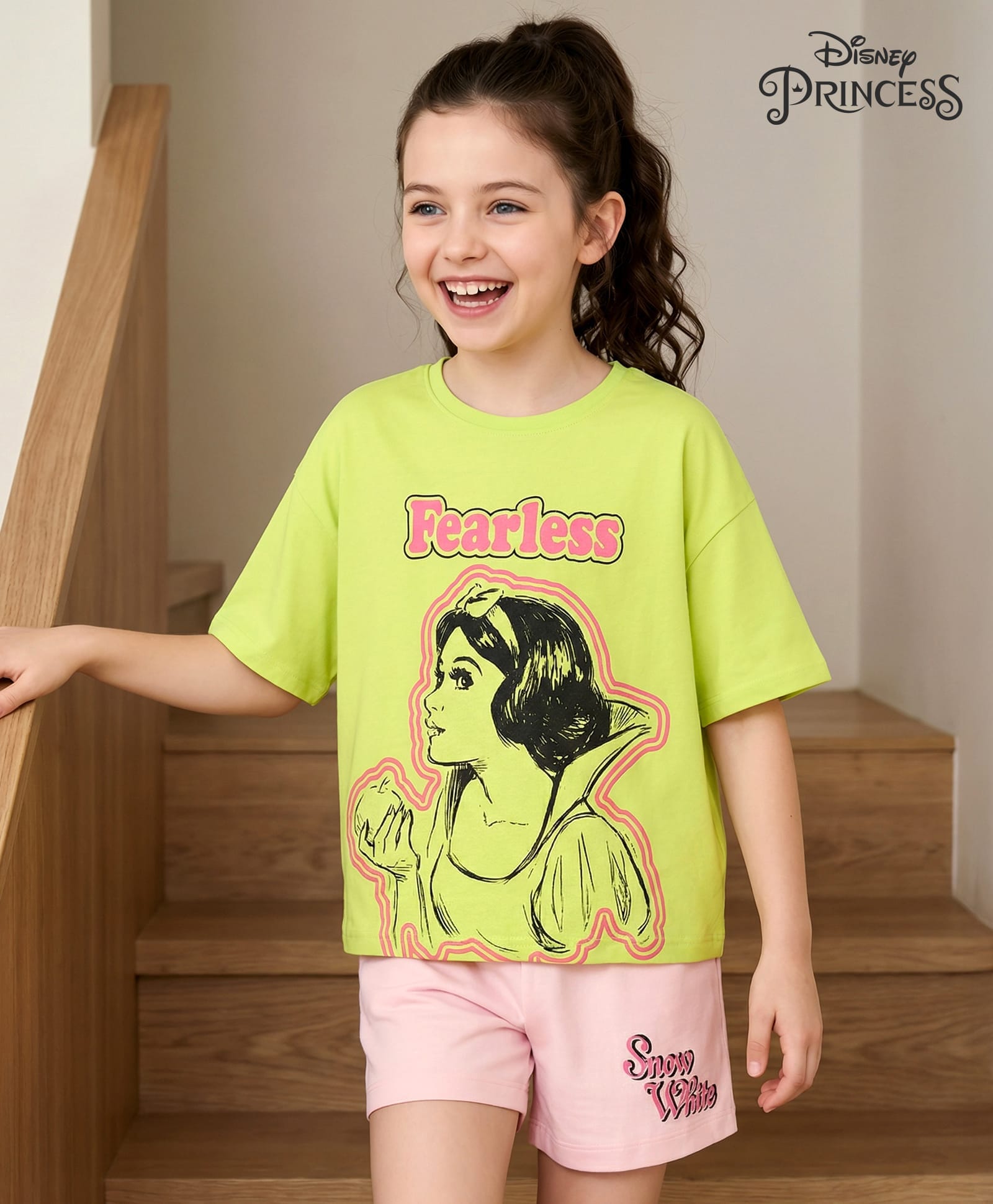 Pine Kids Disney 100% Cotton Oversize Drop Shoulder Half Sleeve Short Night Suit With Disney Princess Graphics - Light Green & Pink-picture-36