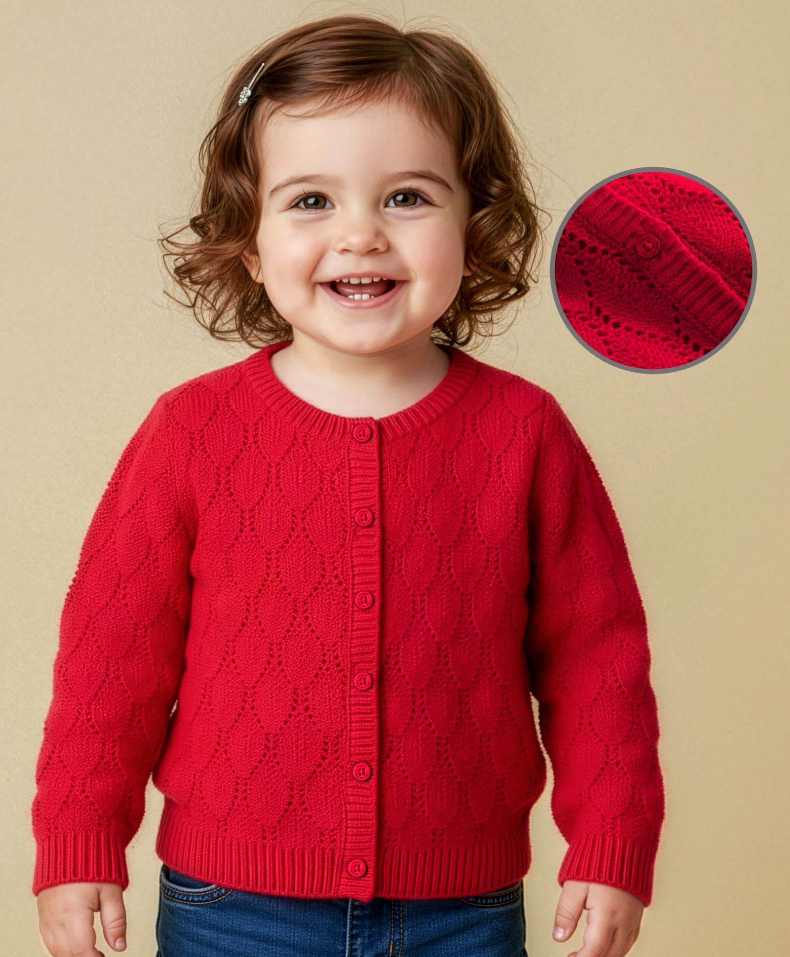 Babyoye Knitted Full Sleeves Solid Dyed Front Open Sweater - Red-image-46