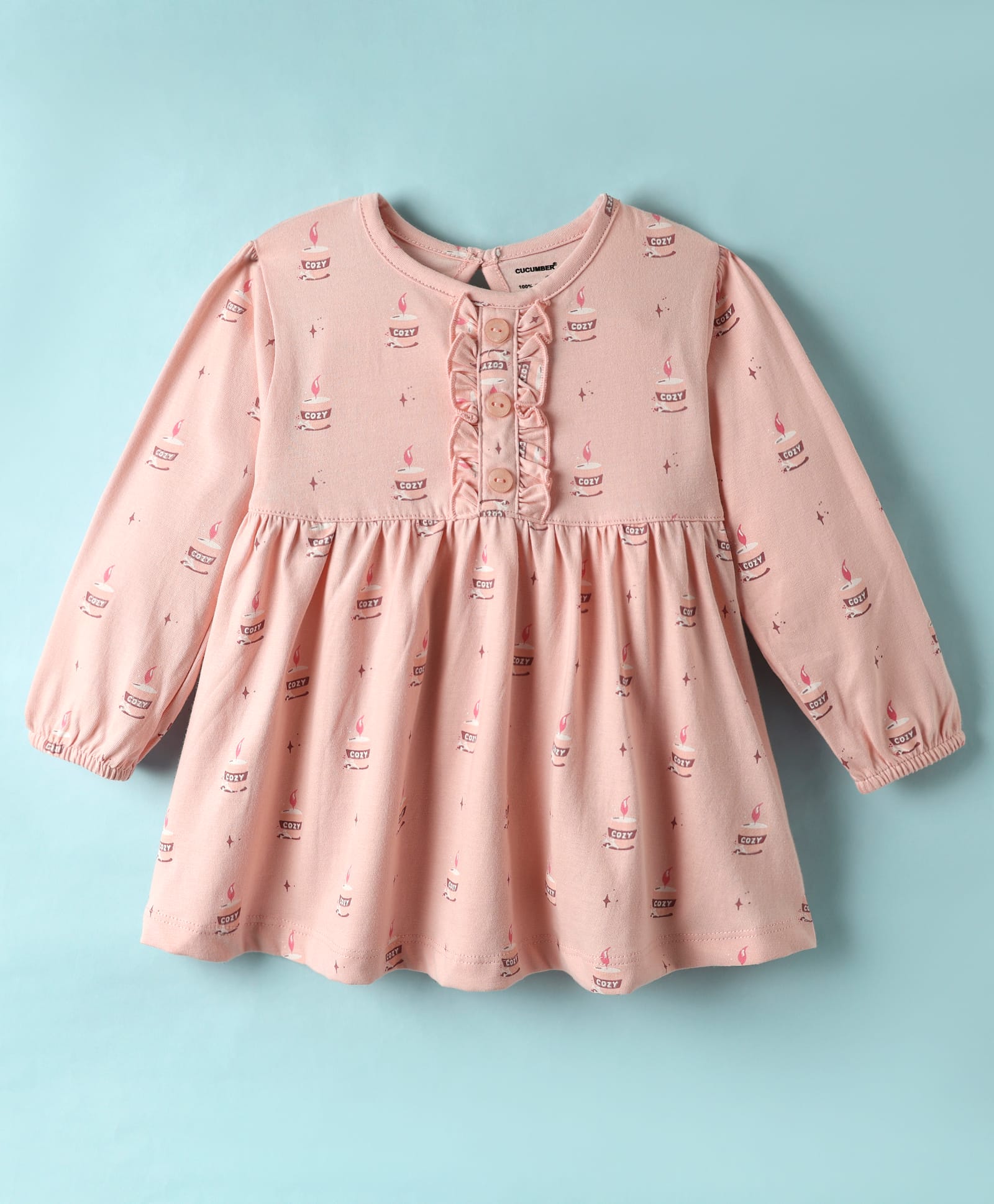 CUCUMBER Interlock Knit Full Sleeves Candle Printed Frock - Baby Pink-picture-18